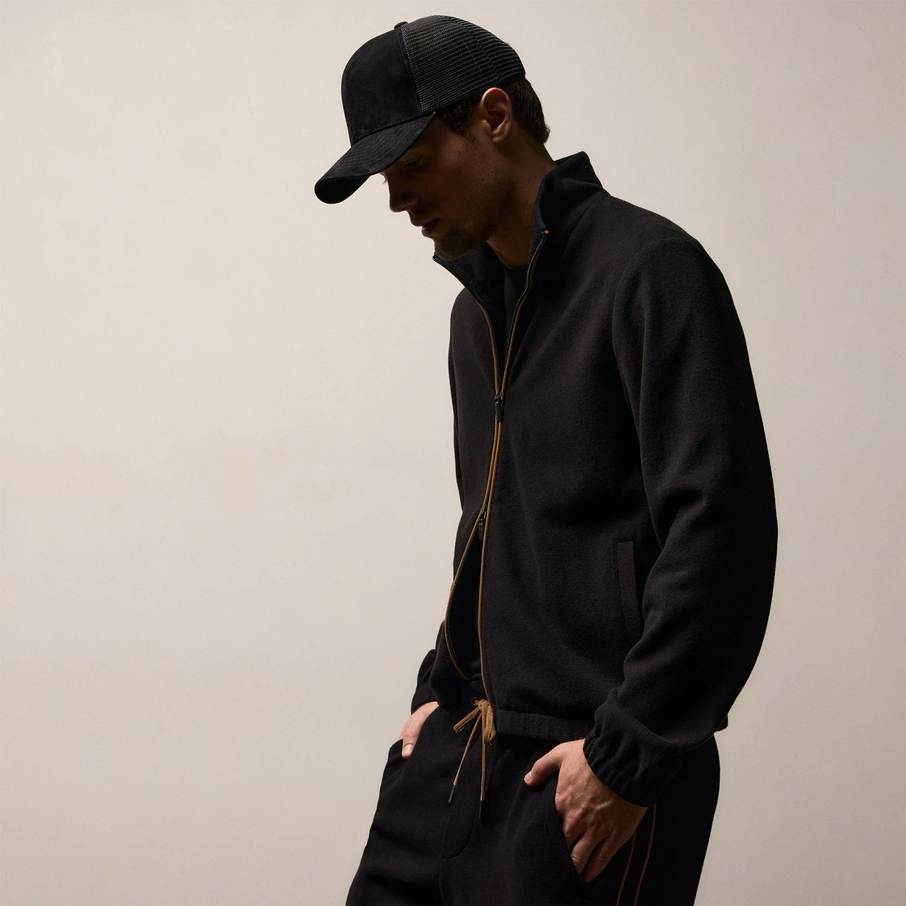 Brushed Cotton Suede Piped Track Jacket - Black/Whiskey - Image 4