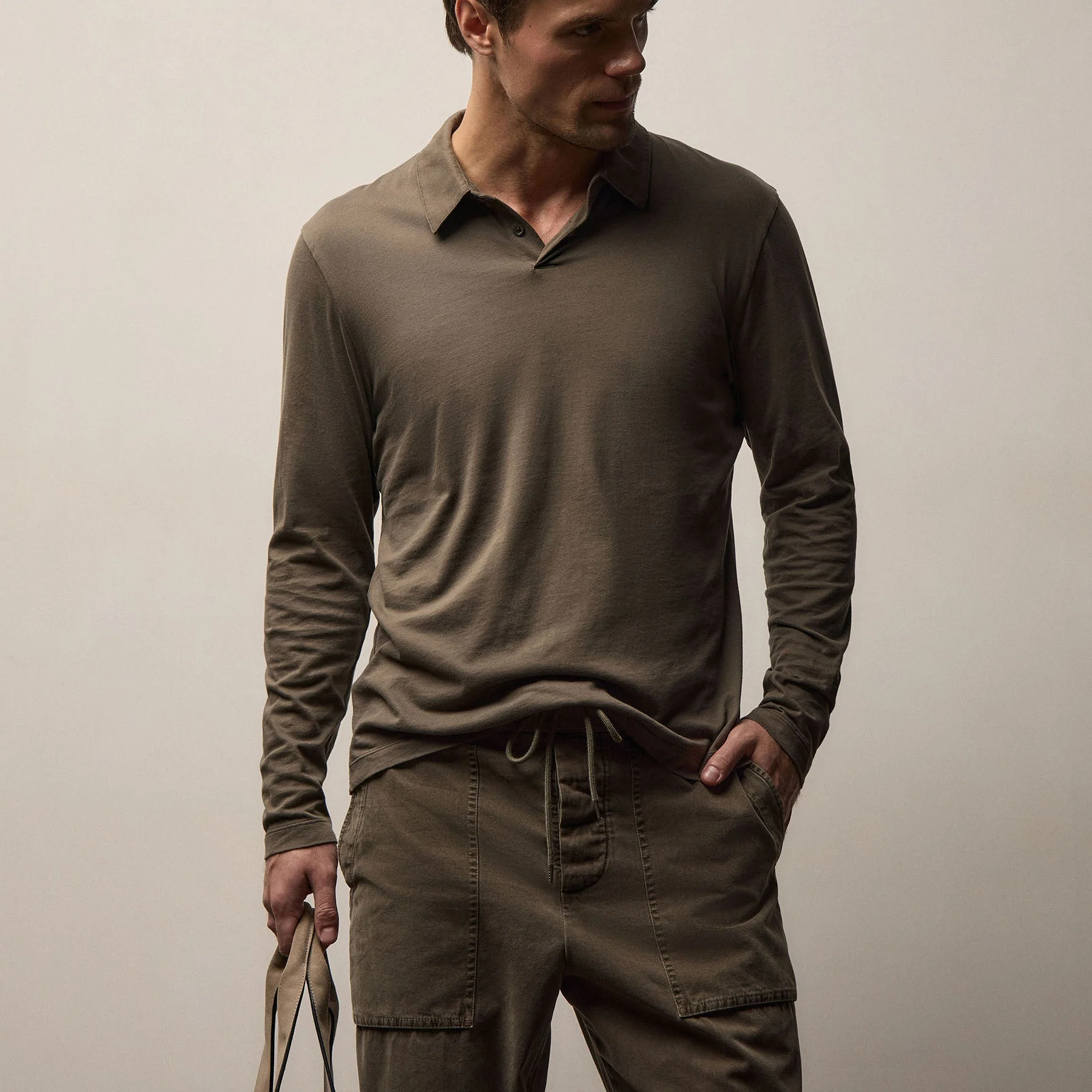 Brushed Lotus Long Sleeve Polo - Army Green - Image 3