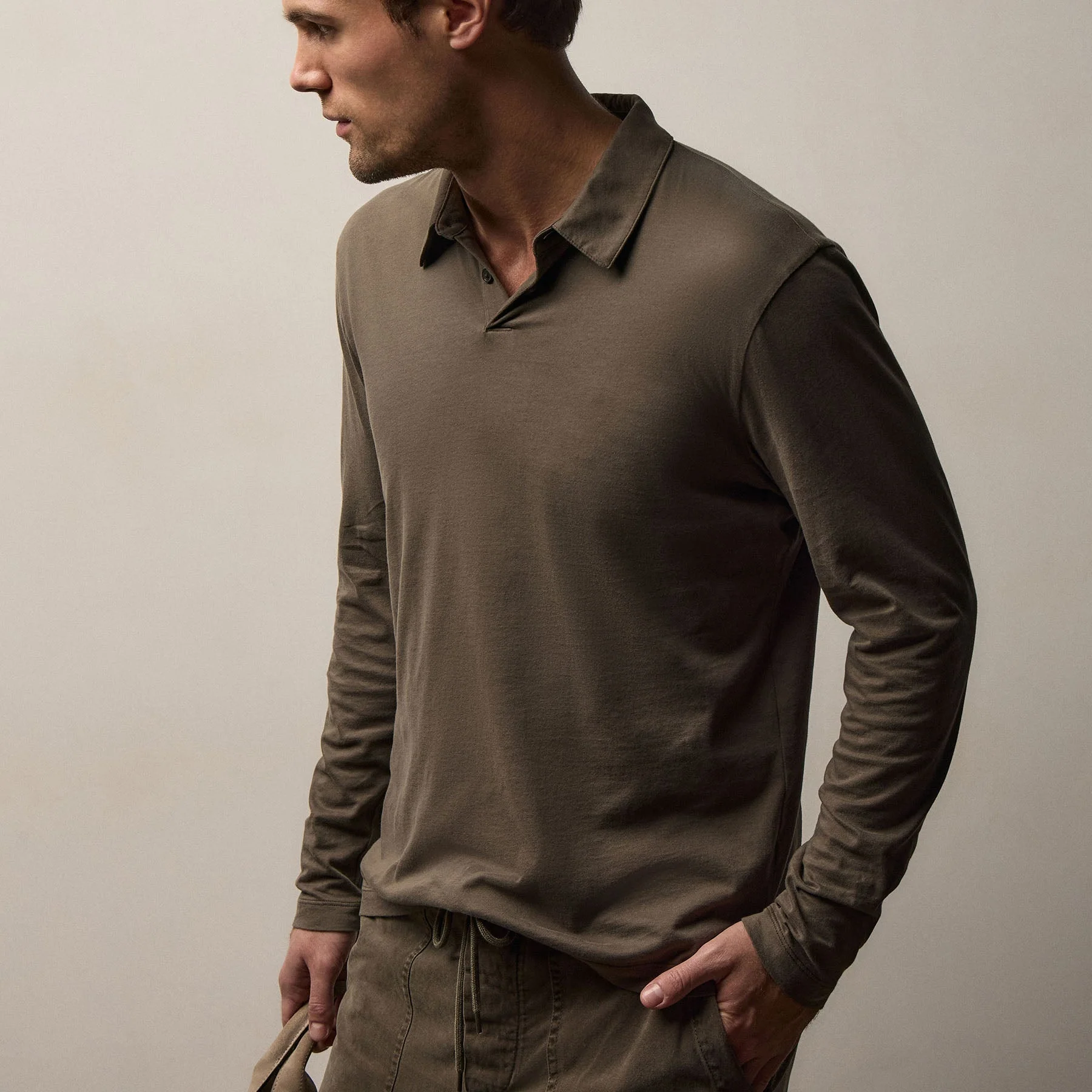 Brushed Lotus Long Sleeve Polo - Army Green - Image 5