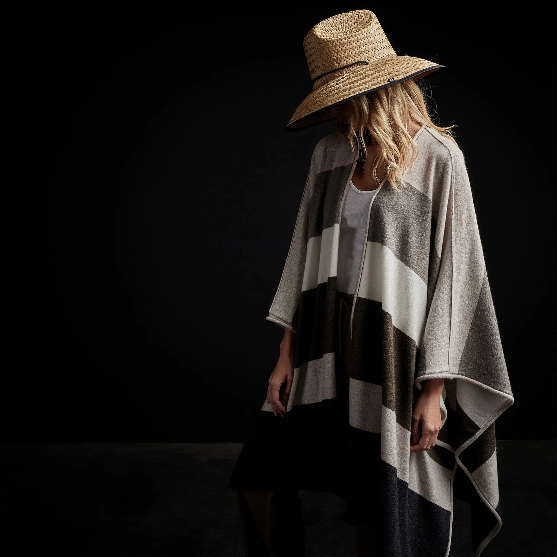 Recycled Cashmere Multi Striped Poncho - Beige Mix - Image 2