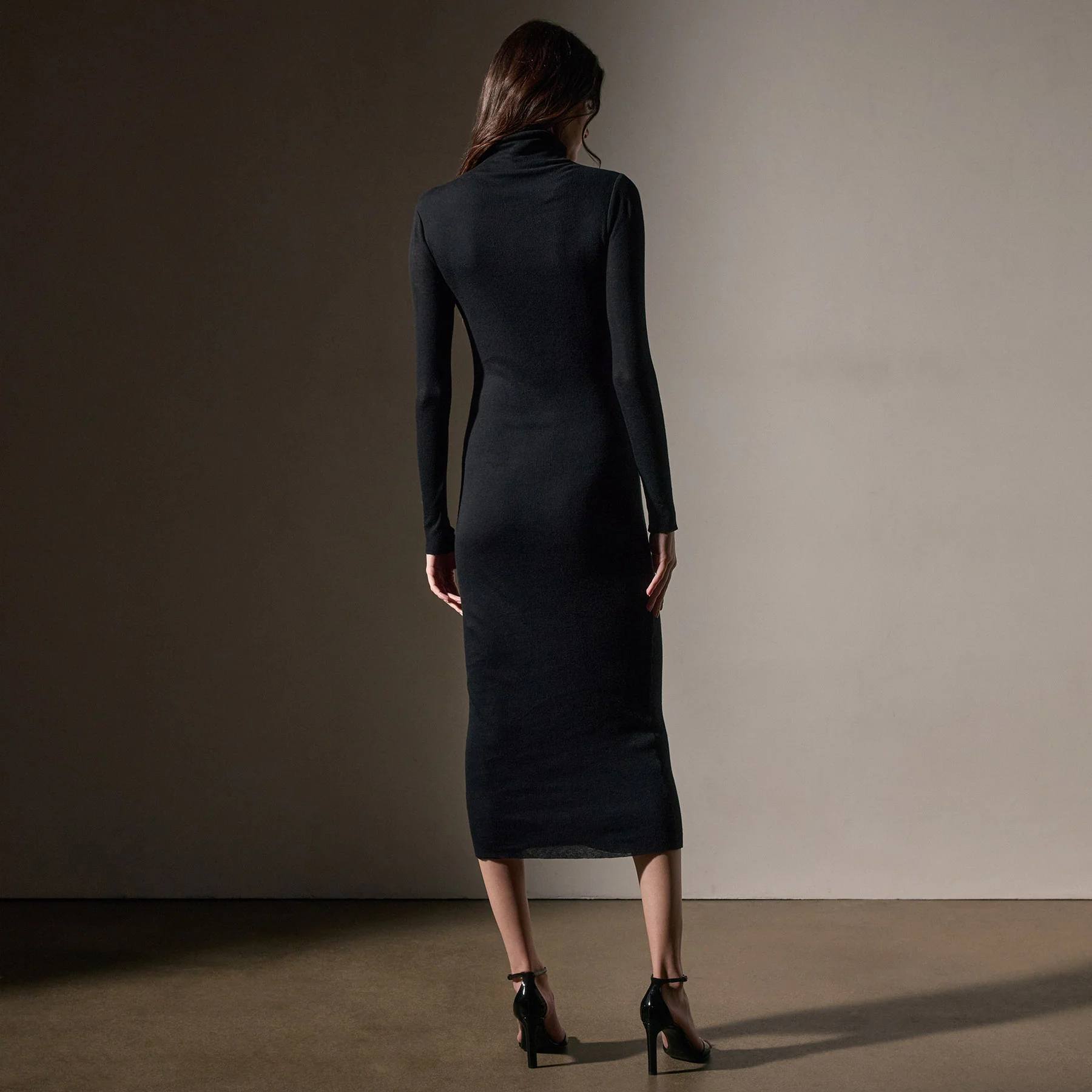 Cotton Cashmere Blend Rib Funnel Neck Dress - Black - Image 4