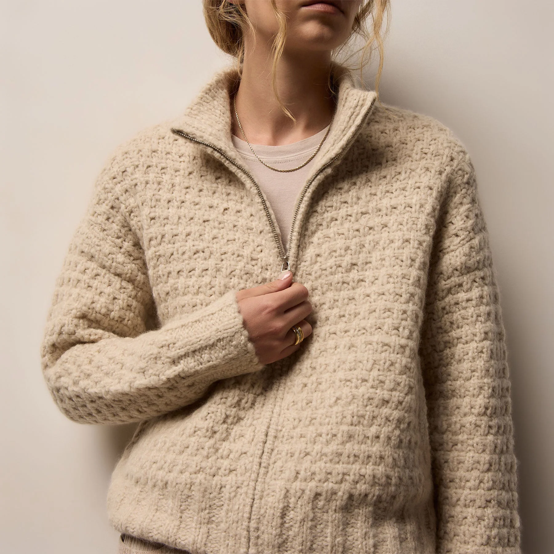 Cashmere Silk Zip Front Sweater - Biscotti - Image 3
