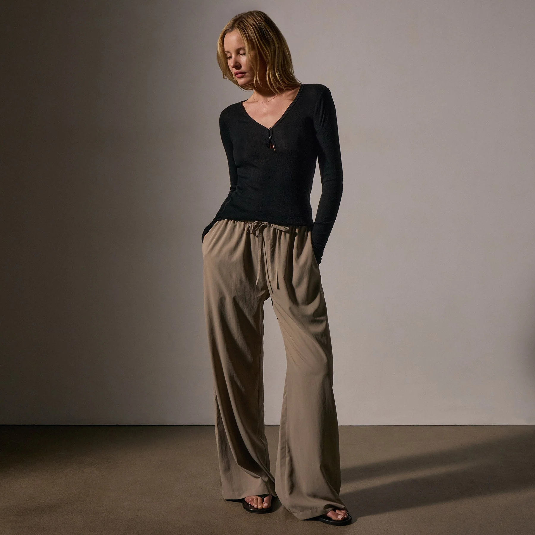 Cotton Cashmere Blend Ribbed Henley - Black - Image 3