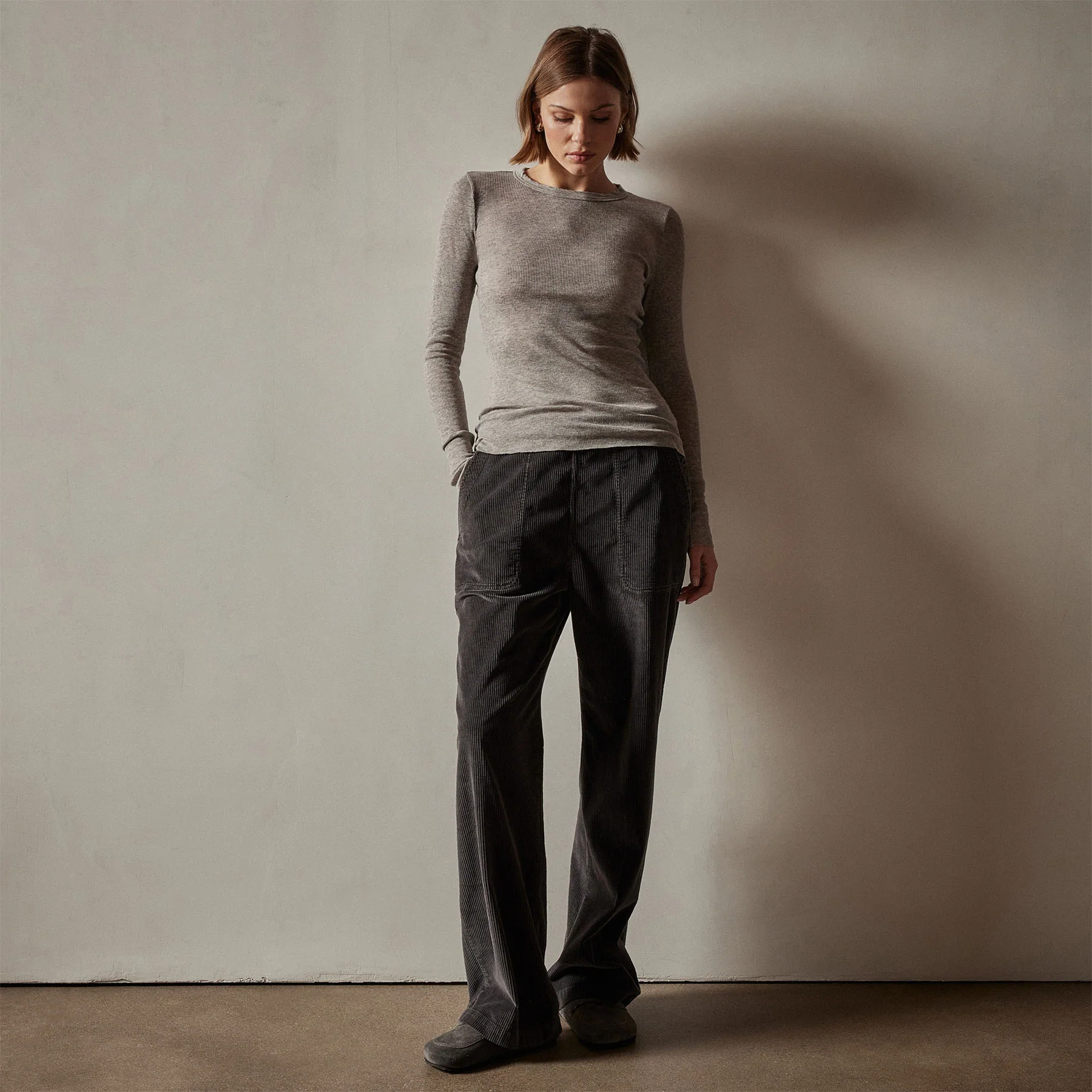 Cotton Cashmere Blend Ribbed Long Sleeve Crew - Heather Grey - Image 2