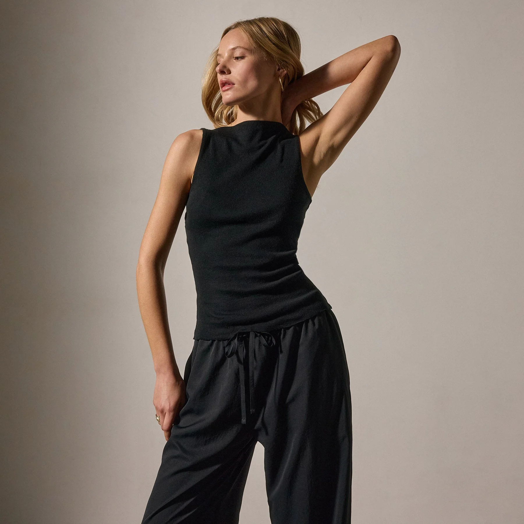 Cotton Cashmere Rib Boat Neck Top - Black - Image 2