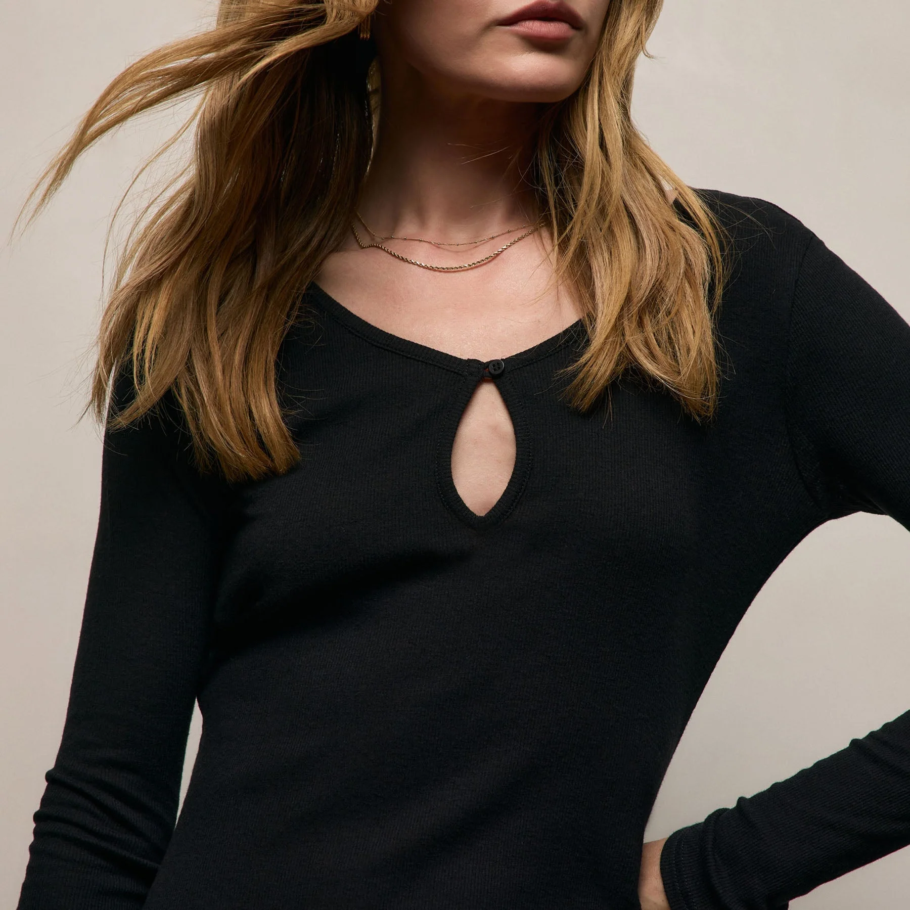 Cotton Cashmere Rib Keyhole Dress - Black - Image 3