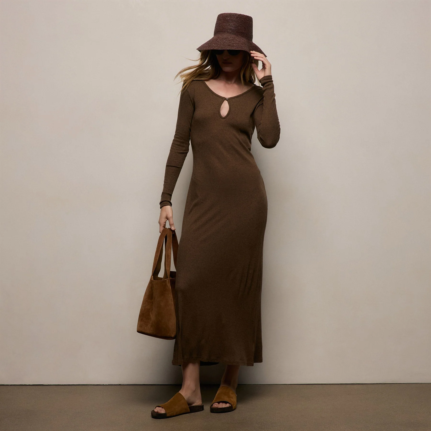 Cotton Cashmere Rib Keyhole Dress - Brown - Image 3