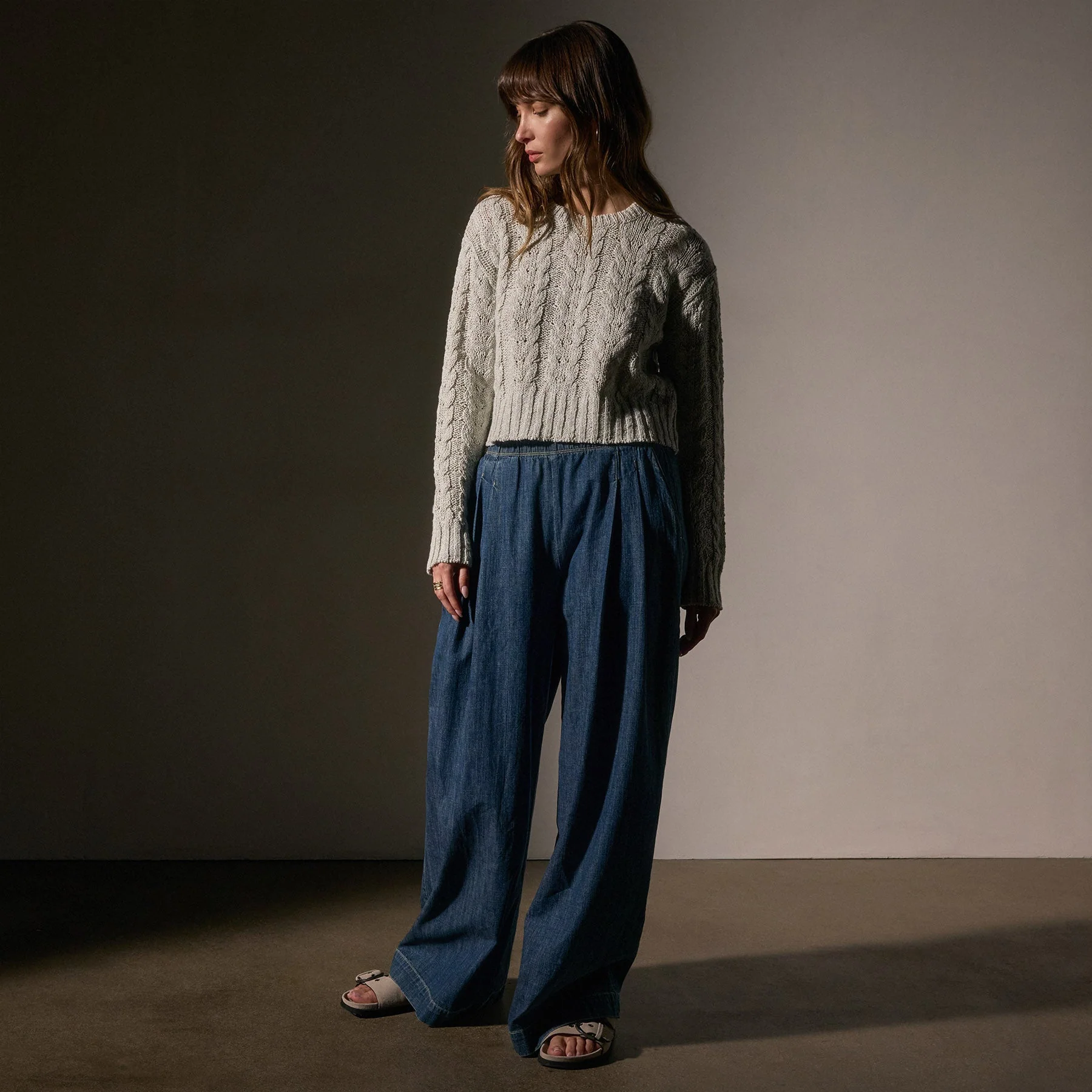 Cotton Linen Chunky Cable Knit Sweater - Foam - Image 3