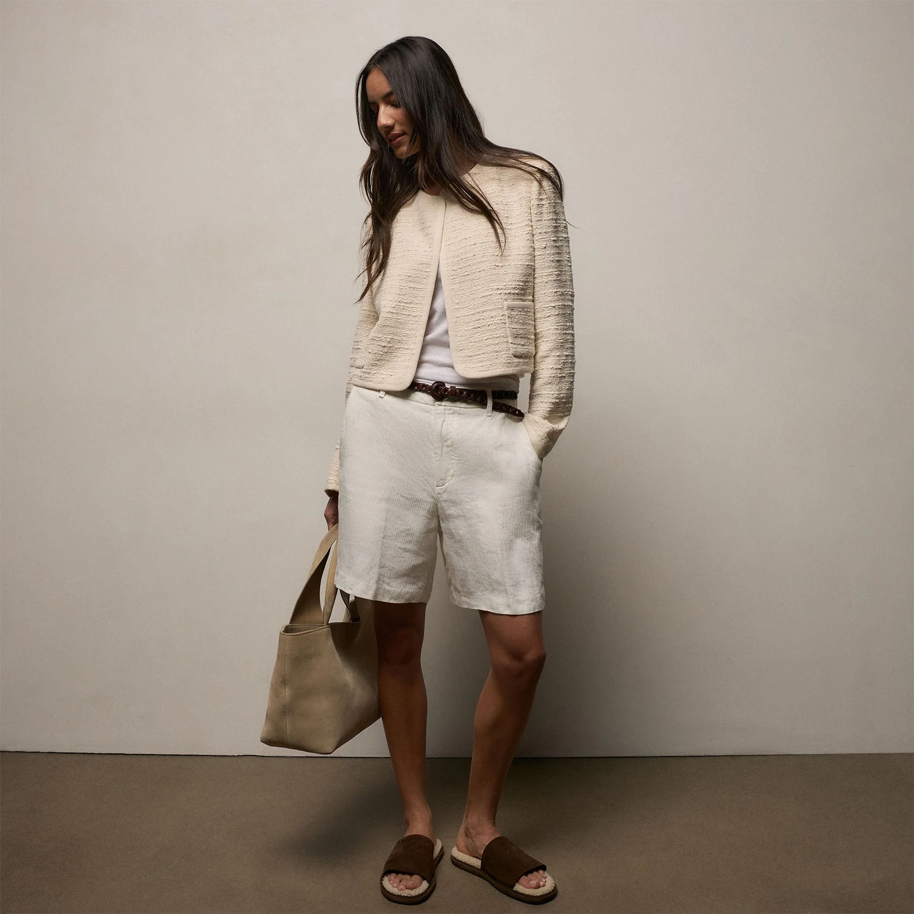 Cropped Boucle Open Jacket - Natural - Image 3