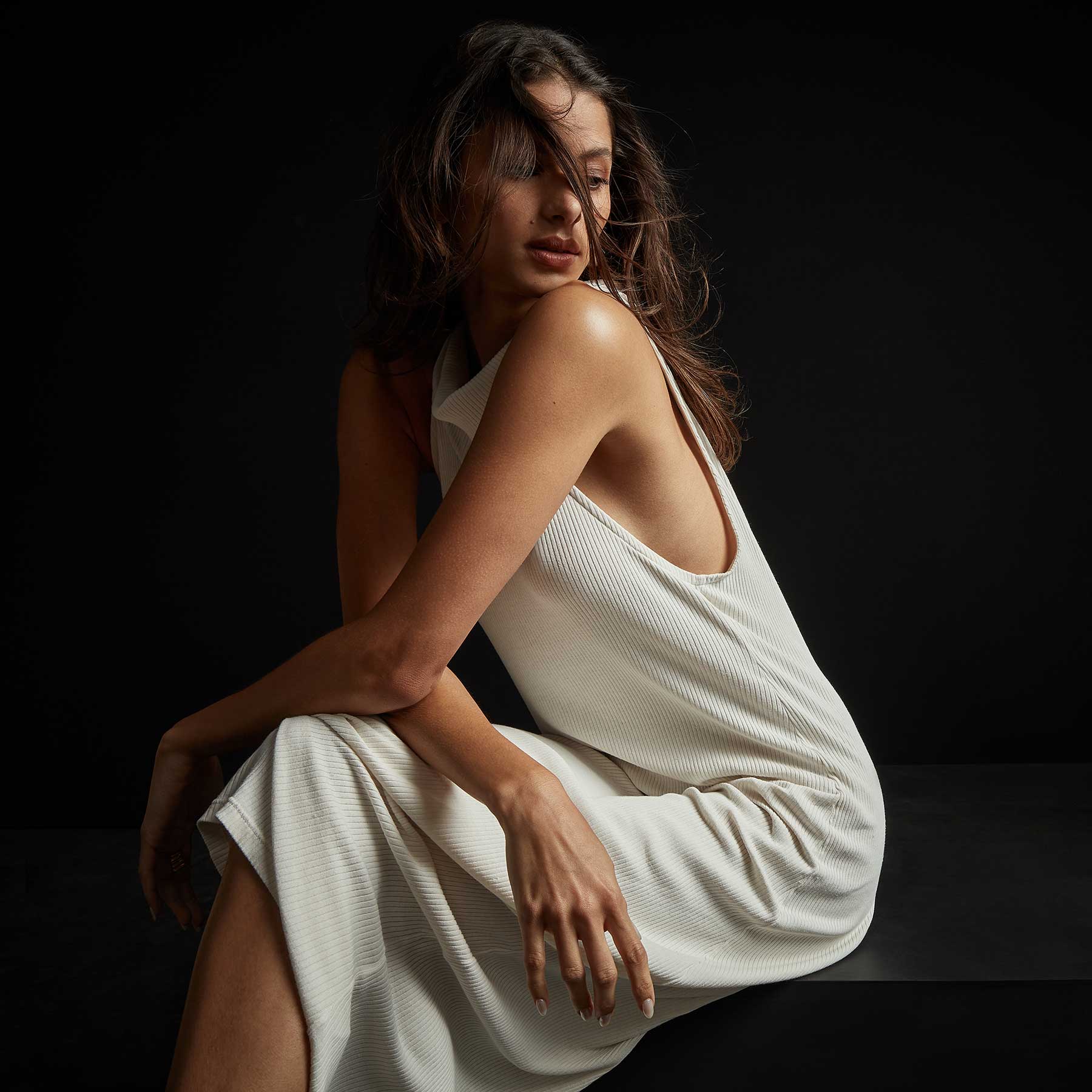 Cut Away Funnel Neck Ribbed Dress - Oyster - Image 3