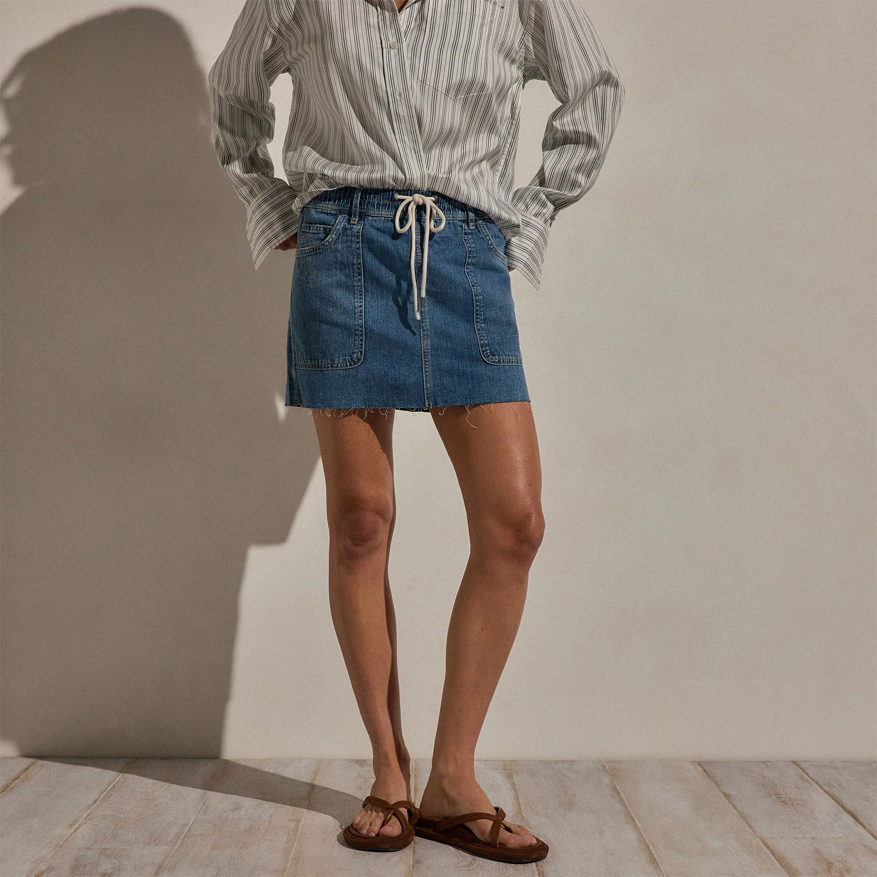 Drawstring Denim Mini Skirt - Blue Wash - Image 5