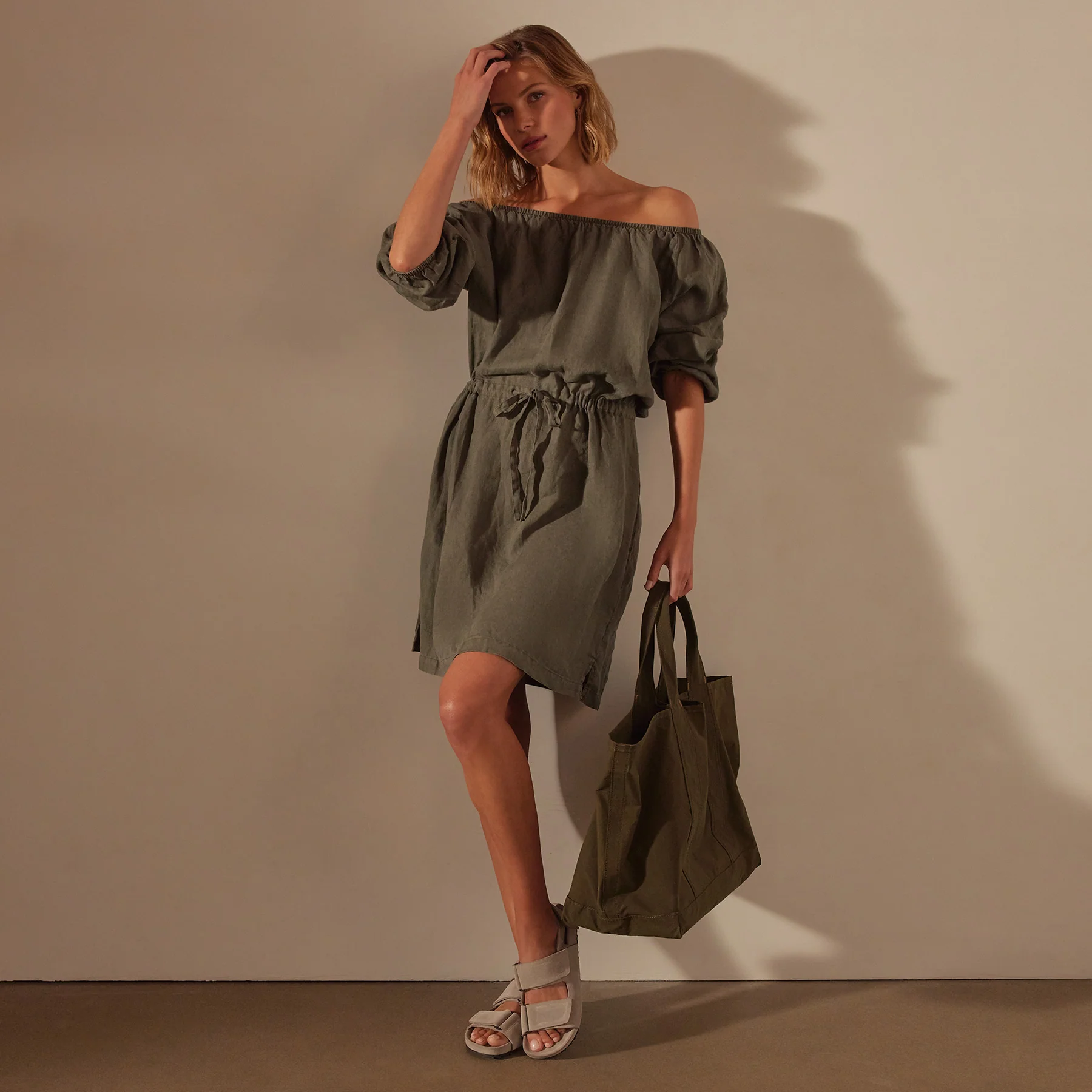 Gathered Linen Dress - Palm Pigment - Image 2