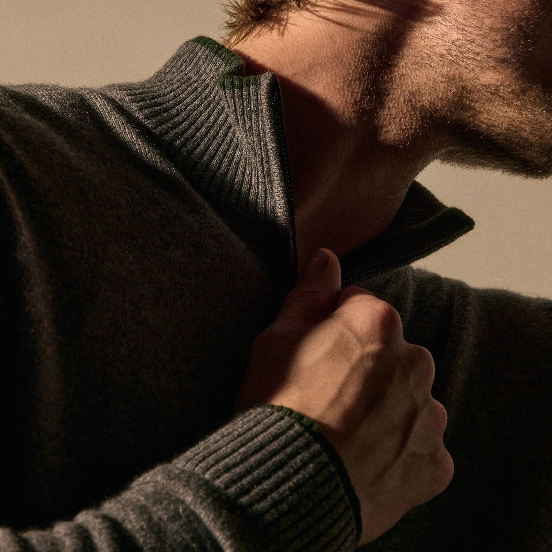 Half Zip Cashmere Funnel Neck - Mid Grey/Forest - Image 3
