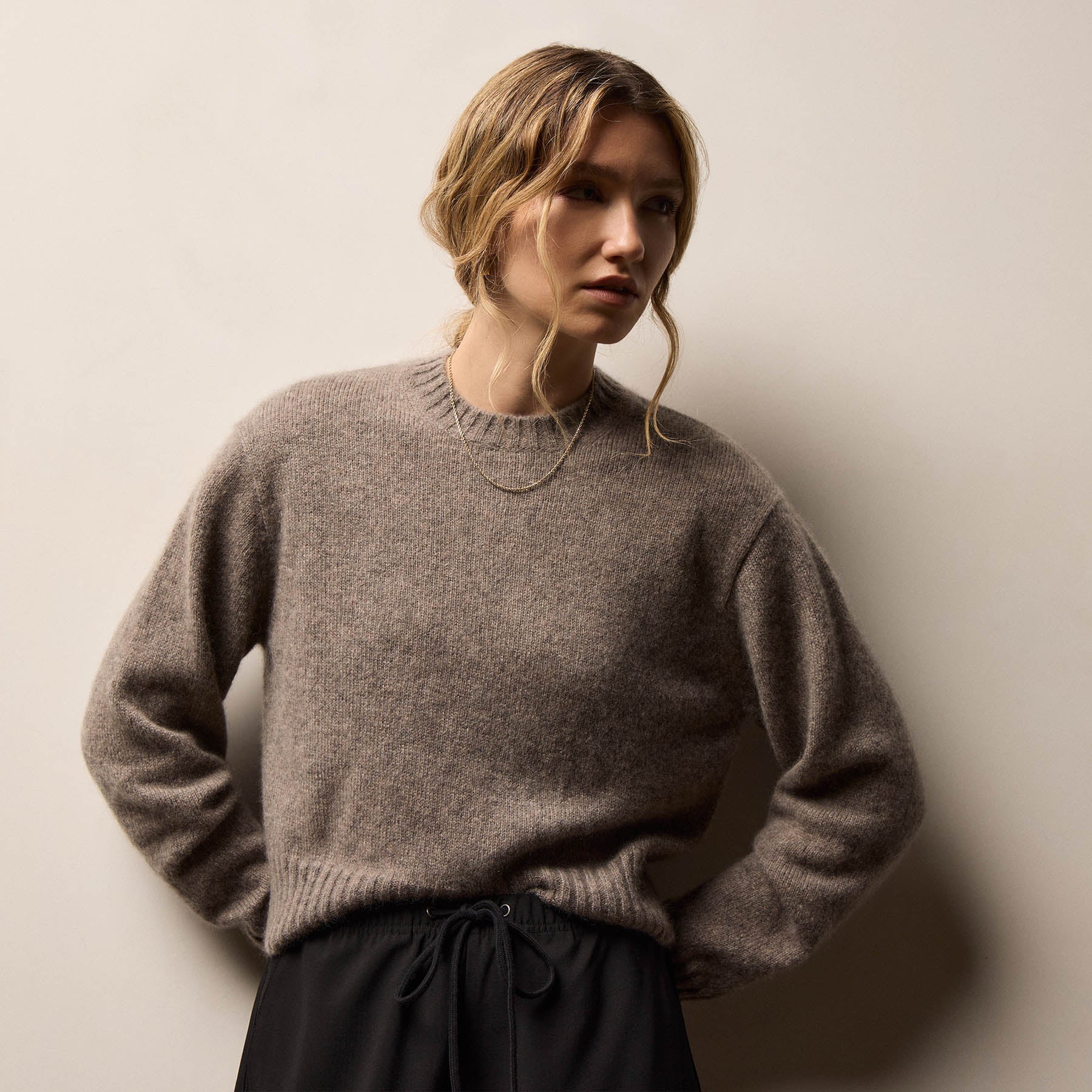 Lightweight Textured Cashmere Crew - Beige Melange - Image 3