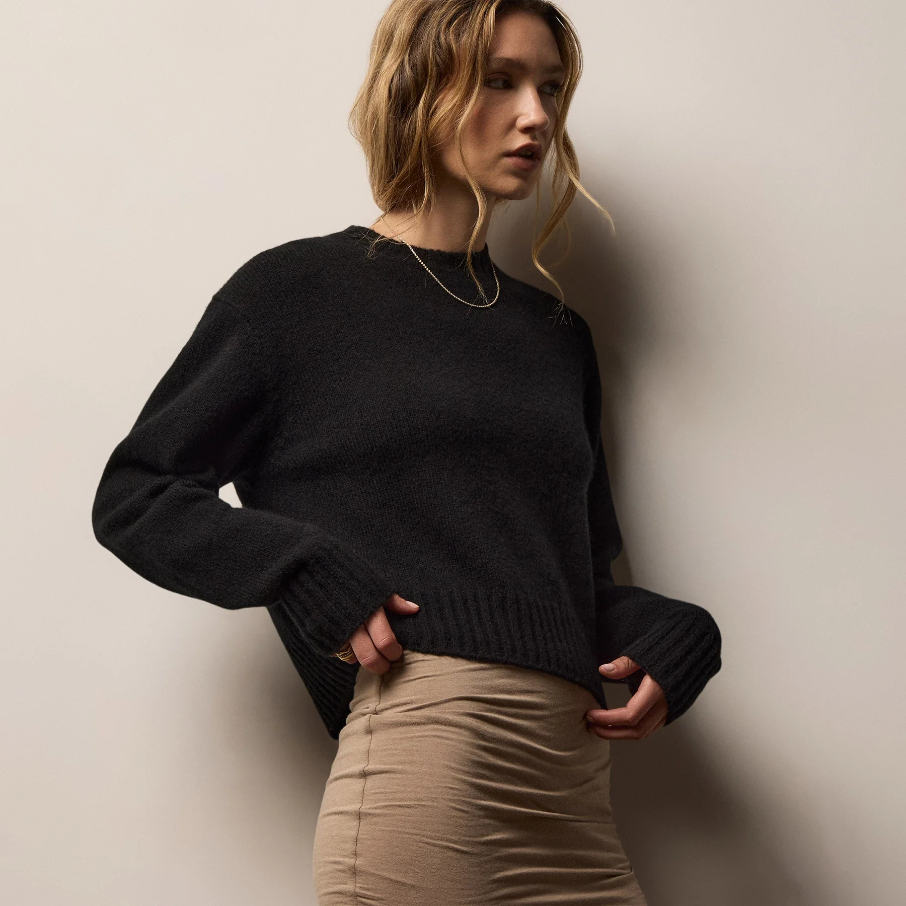 Lightweight Textured Cashmere Crew - True Black
