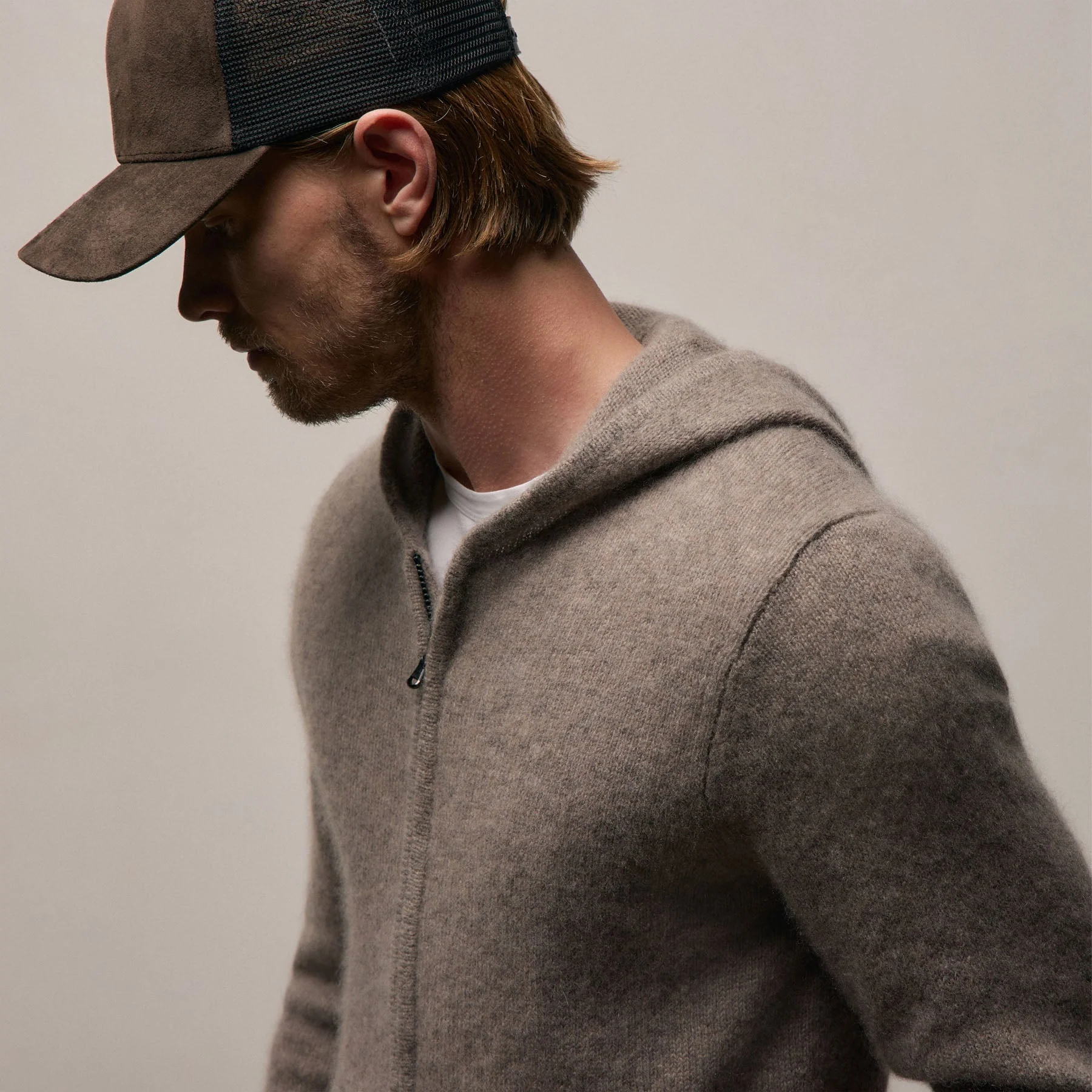 Lightweight Textured Cashmere Knit Zip Up Hoodie - Beige Melange - Image 4