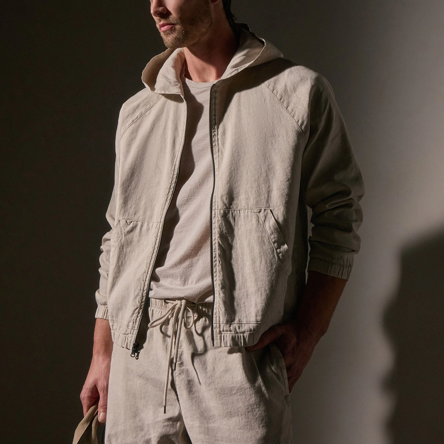 Linen Blend Zip Front Hoodie - Salt Pigment - Image 2