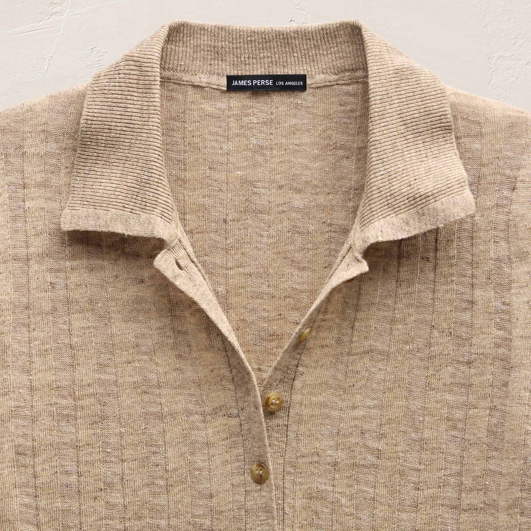 Linen Cotton Ribbed Polo Sweater - Natural Melange - Image 5