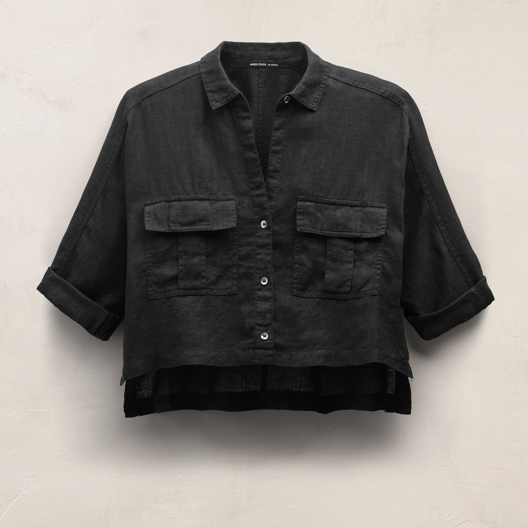 Linen Cropped Pocket Shirt - Black - Image 2