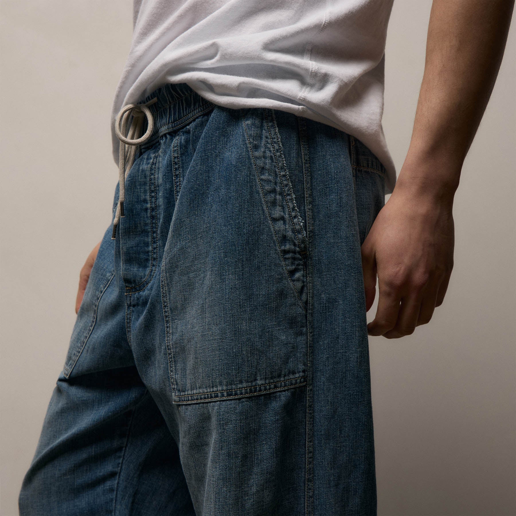 Linen Denim Drawstring Pant - Blue Wash - Image 5