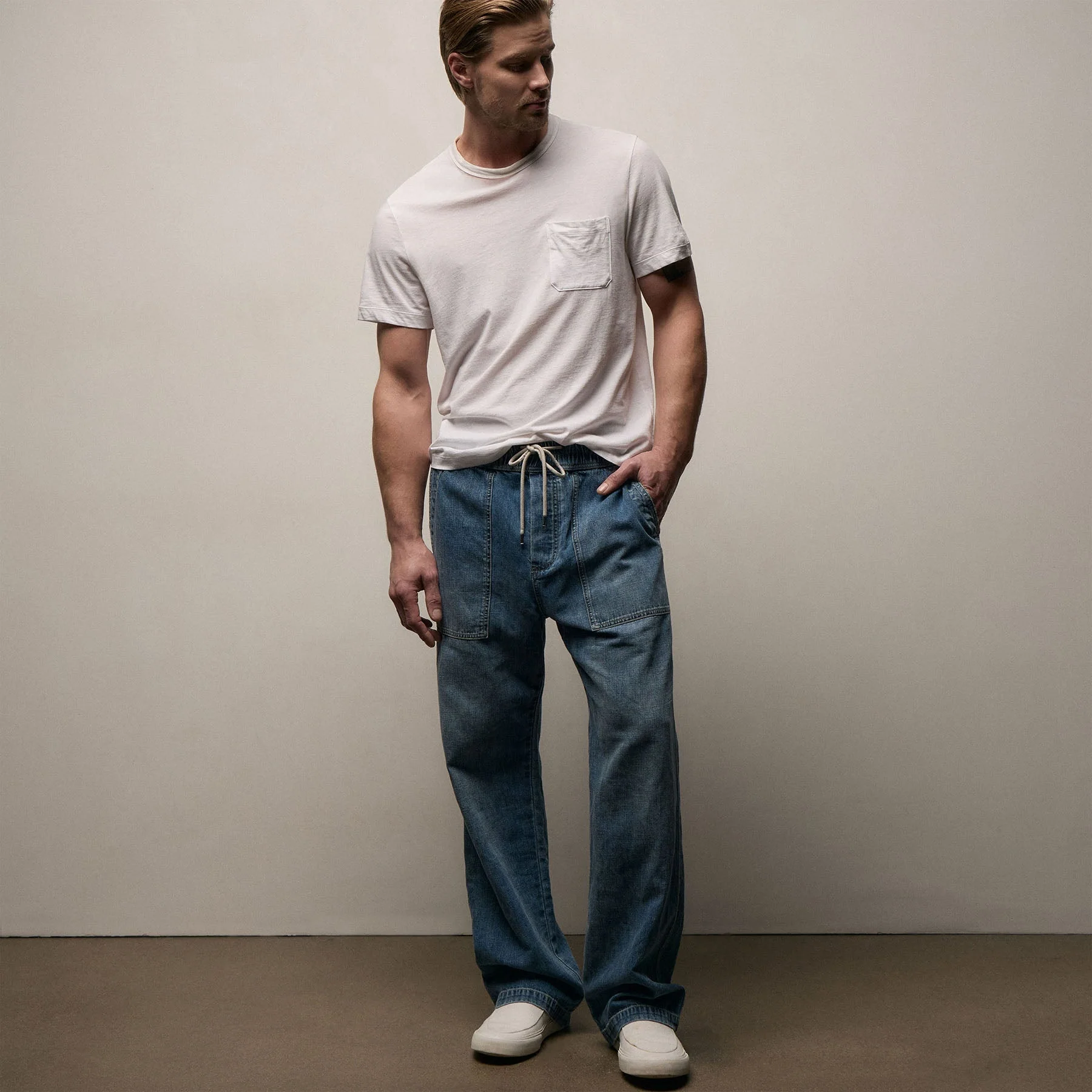 Linen Denim Drawstring Pant - Blue Wash - Image 7