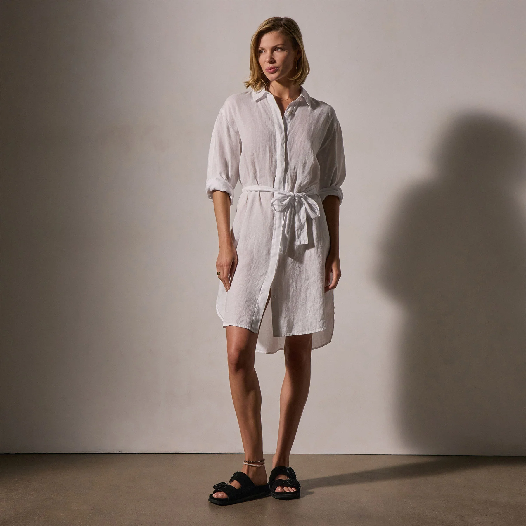 Linen Shirt Dress With Tie - White - Image 4