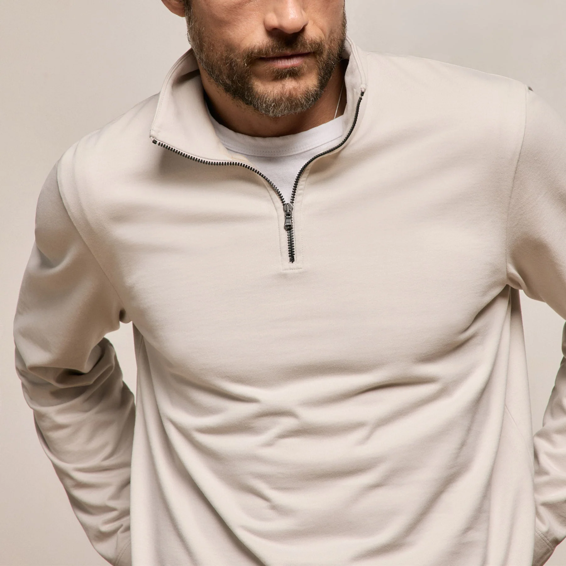 Organic Sueded Jersey Half Zip - Pearl - Image 4