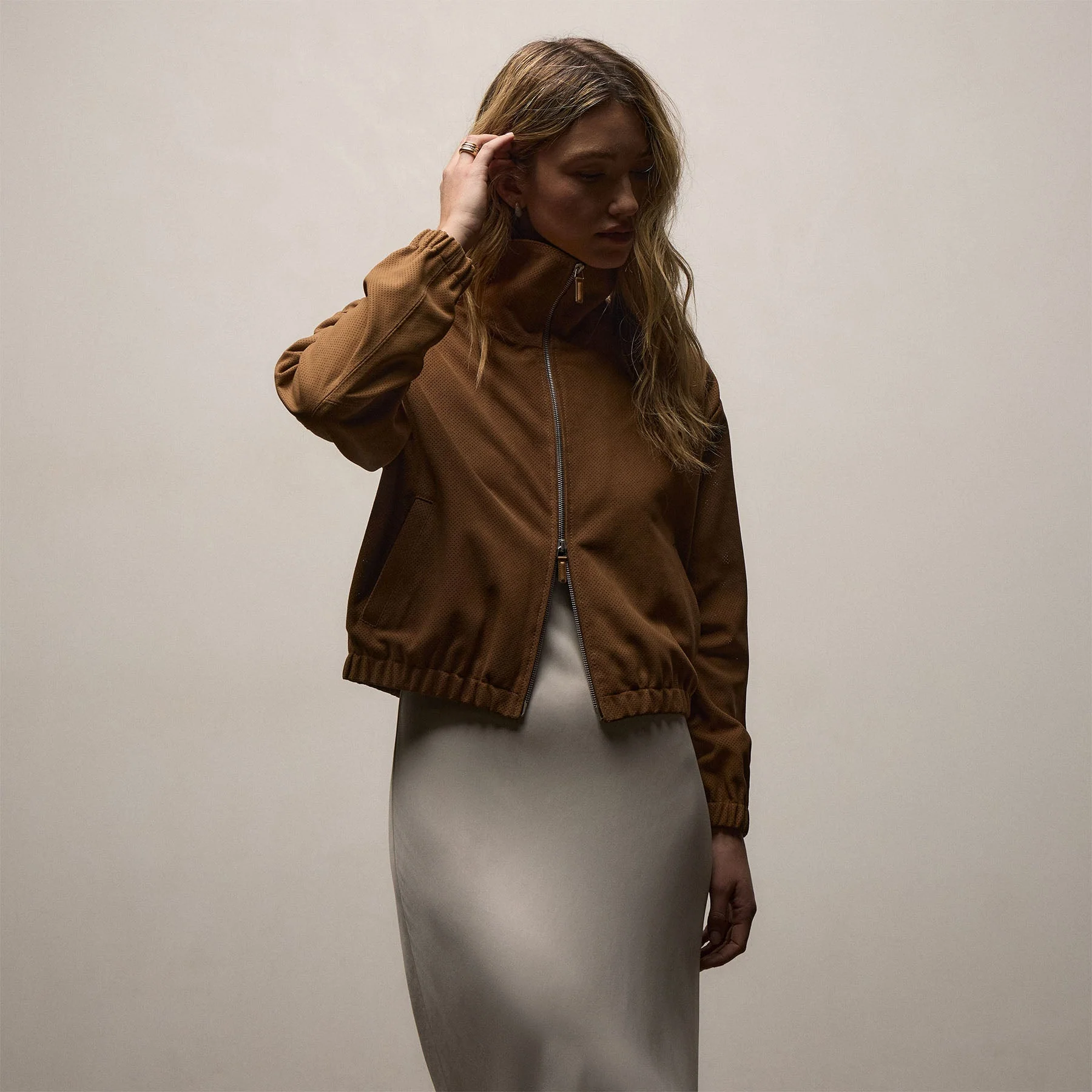 Perforated Suede Blouson Jacket - Gingerbread - Image 2