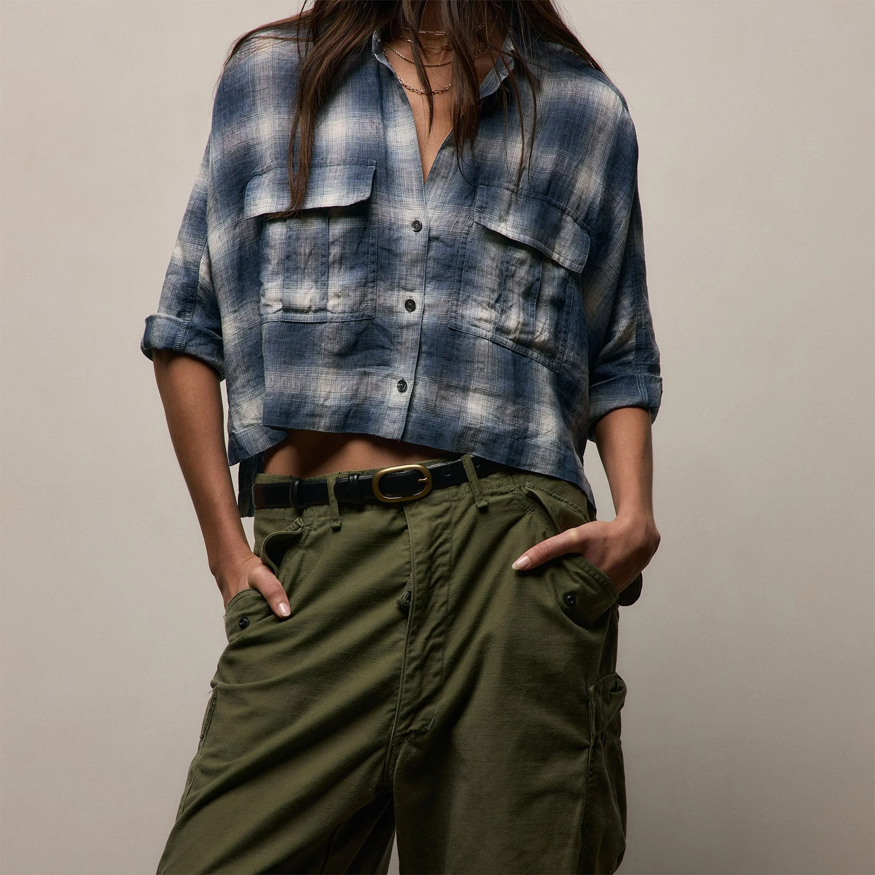 Plaid Linen Crop Shirt - Blue Plaid - Image 4