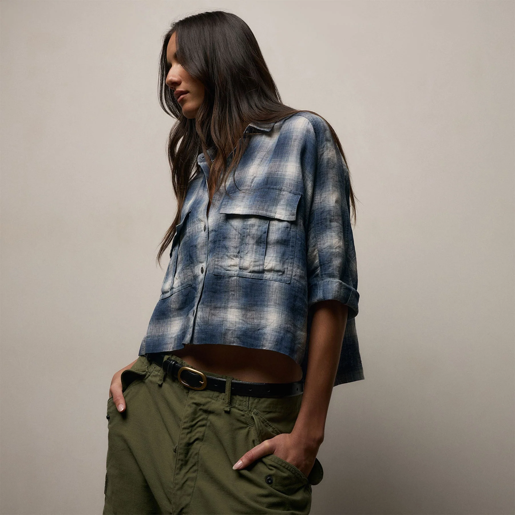Plaid Linen Crop Shirt - Blue Plaid - Image 5