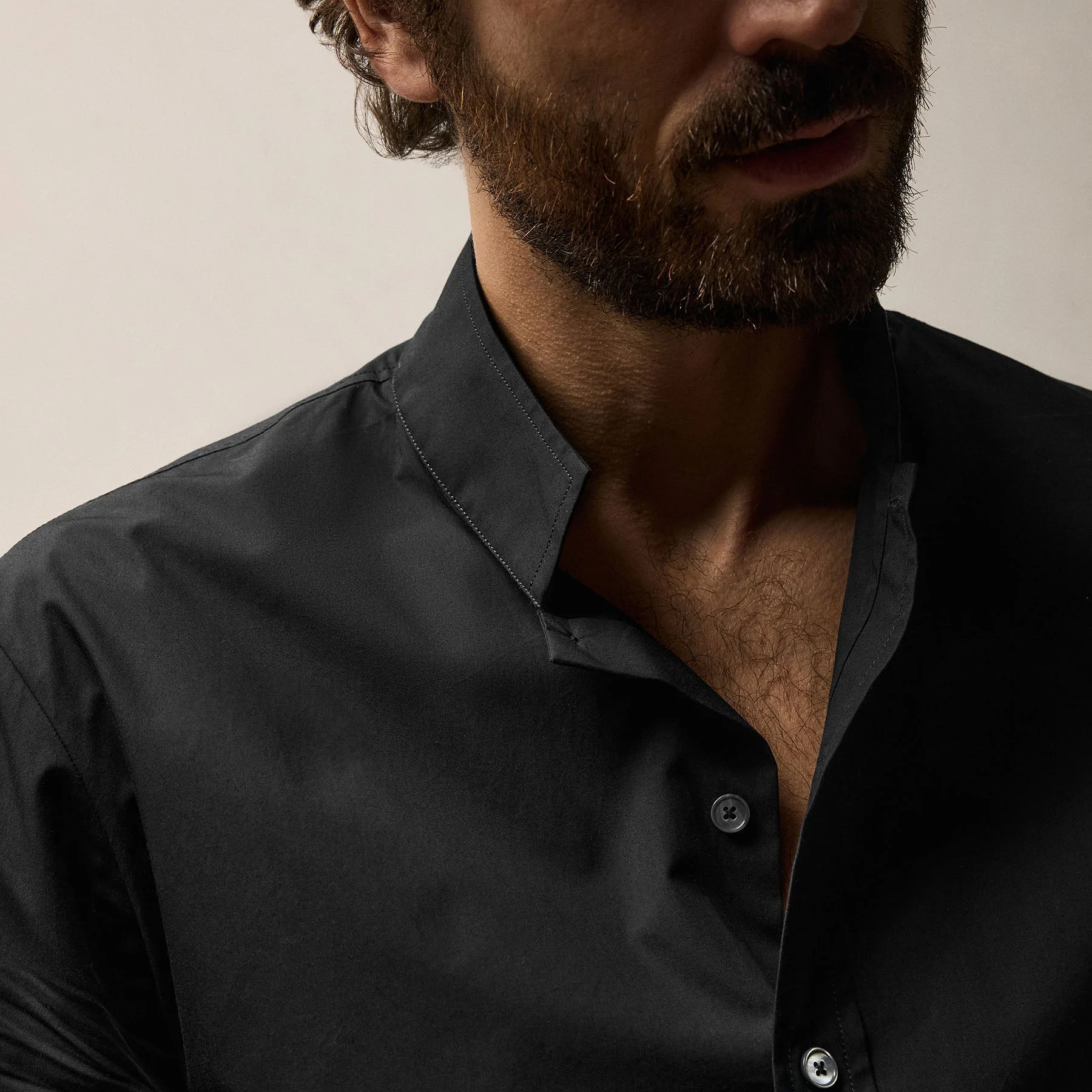 Poplin Collarless Shirt - Black - Image 3