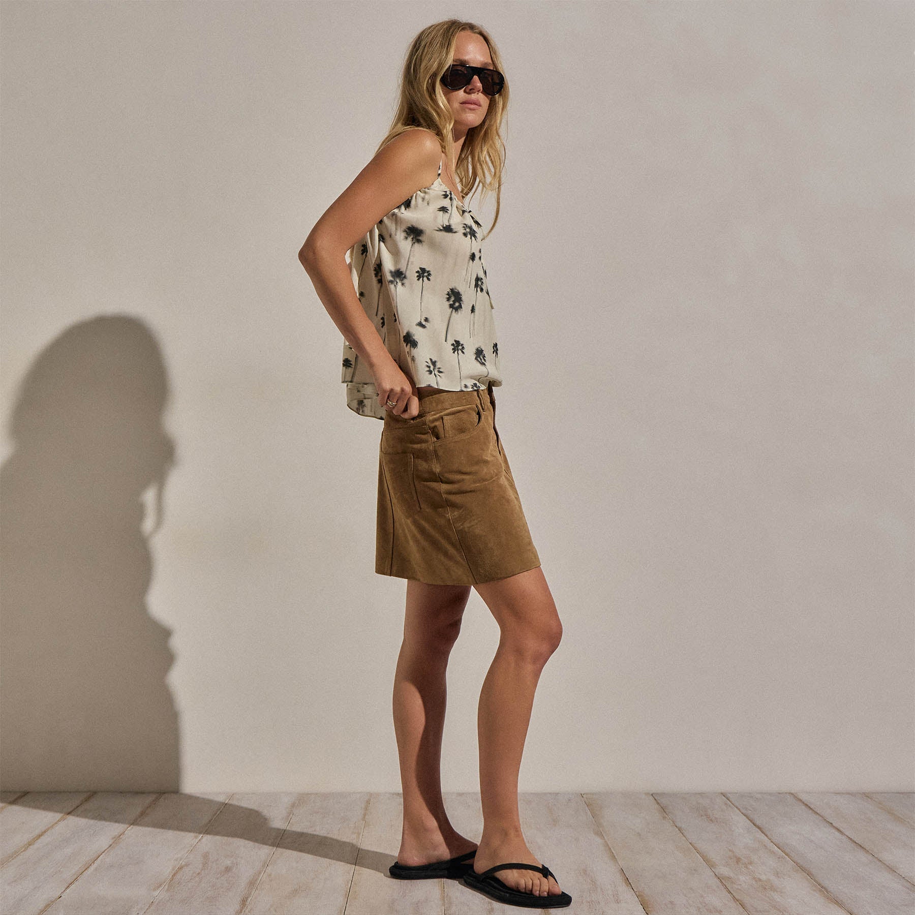 Printed Washed Silk Strappy Cami - Allover Palm Print - Image 3