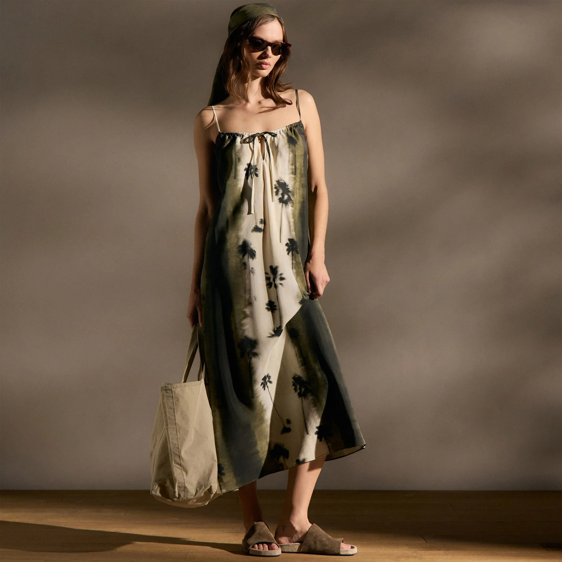 Printed Washed Silk Strappy Cami Dress - Ombre Palm Print - Image 3