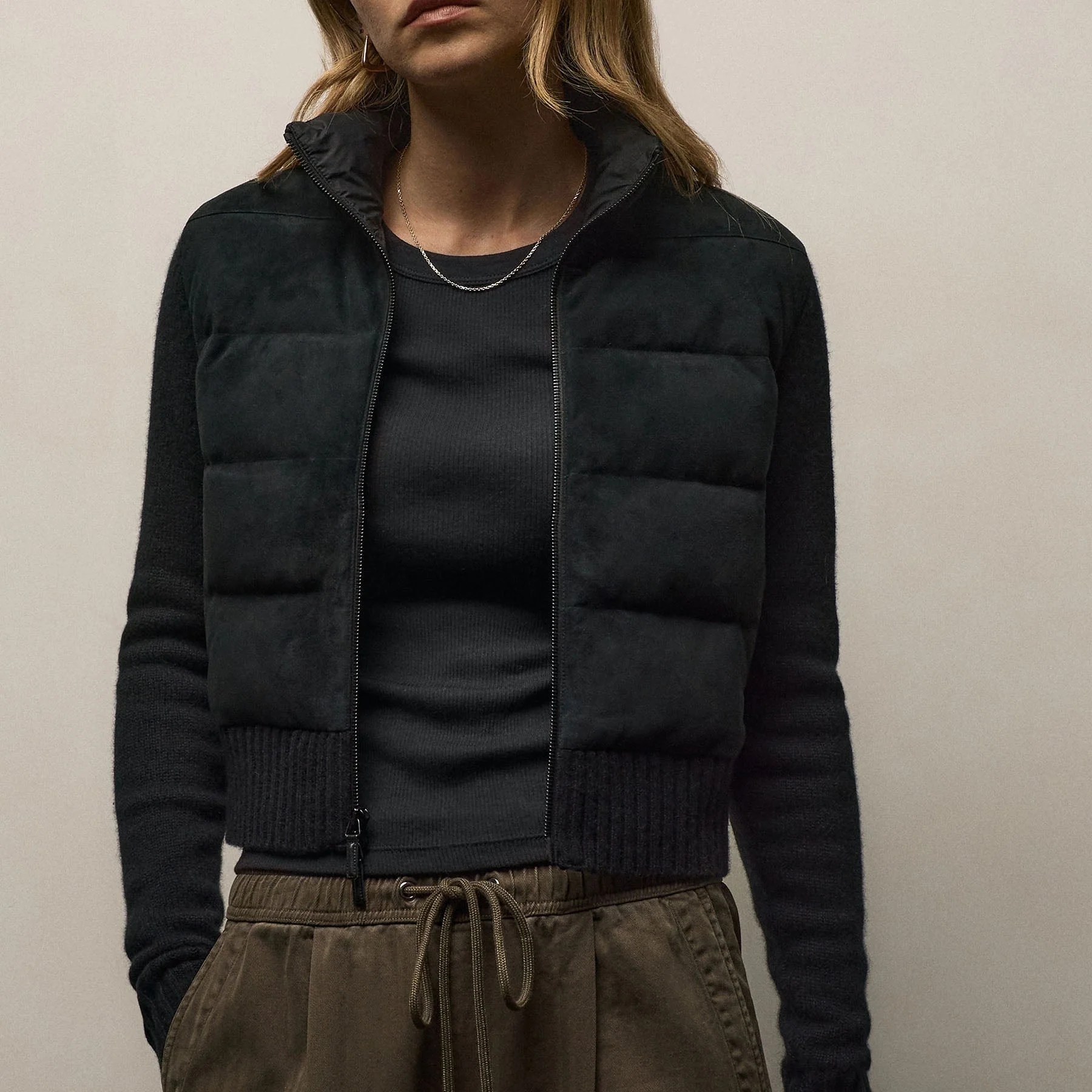 Quilted Suede Mixed Media Jacket - Black - Image 4