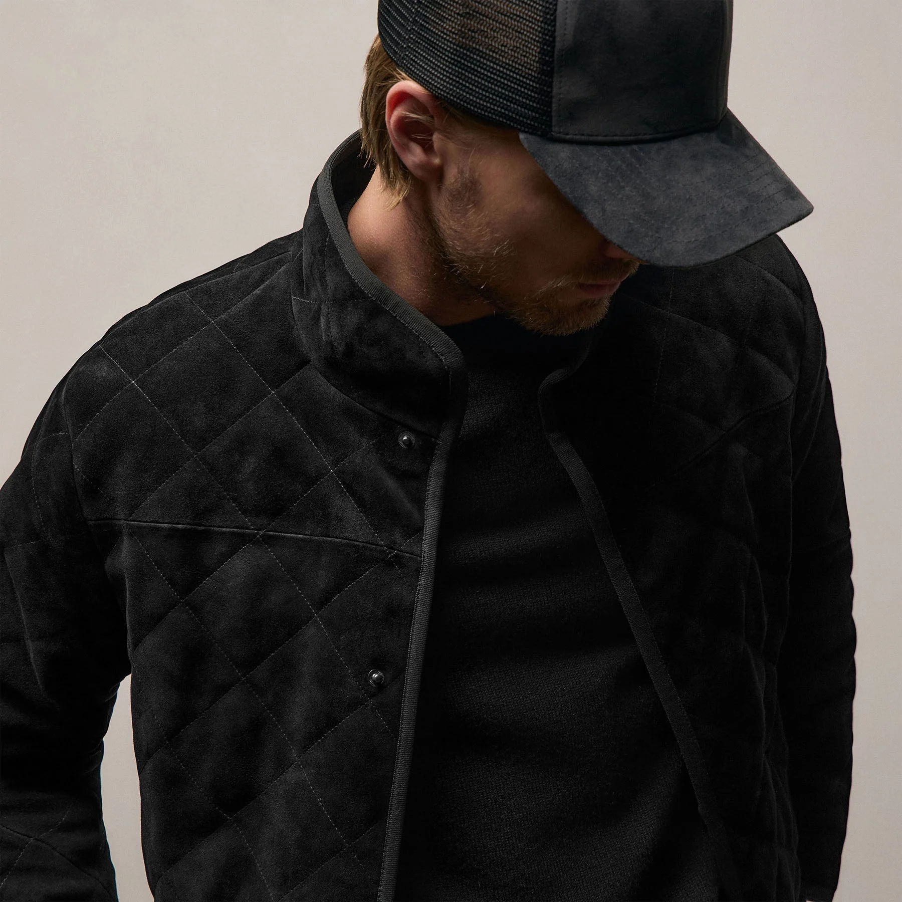 Quilted Suede Snap Front Jacket - Black - Image 3