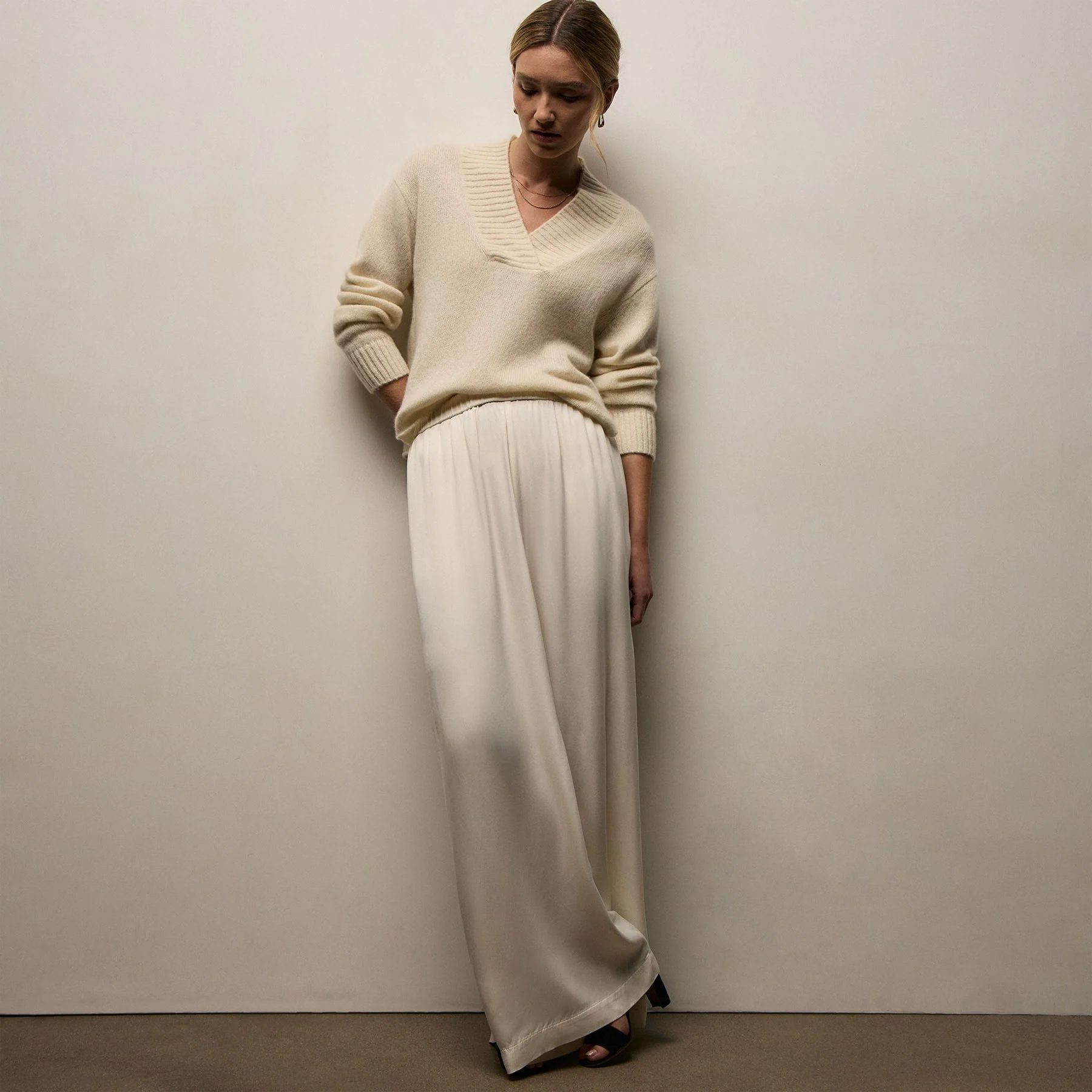 Satin Drawstring Wide Leg Pant - Ivory Pigment - Image 2