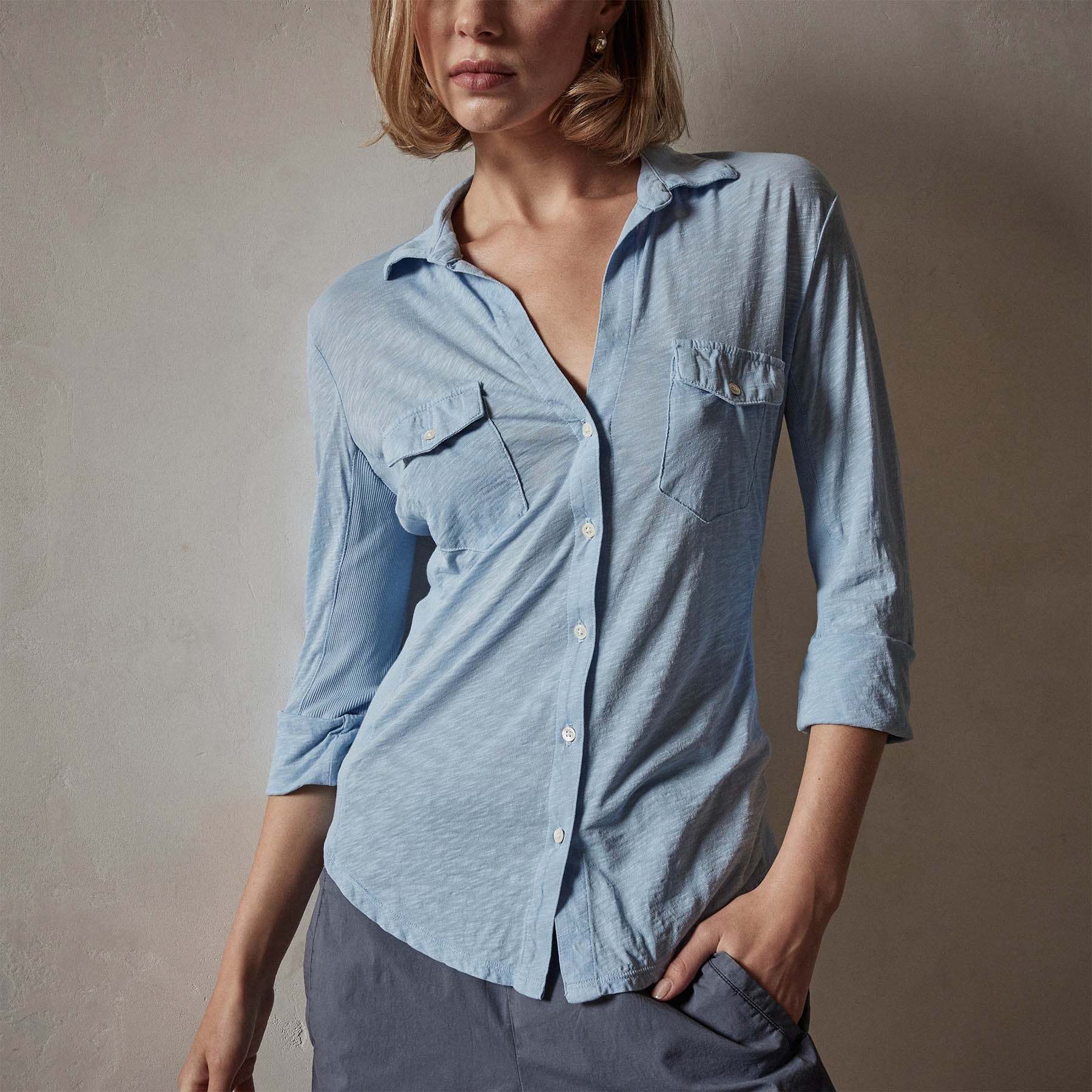 Sheer Slub Side Panel Shirt - Delta