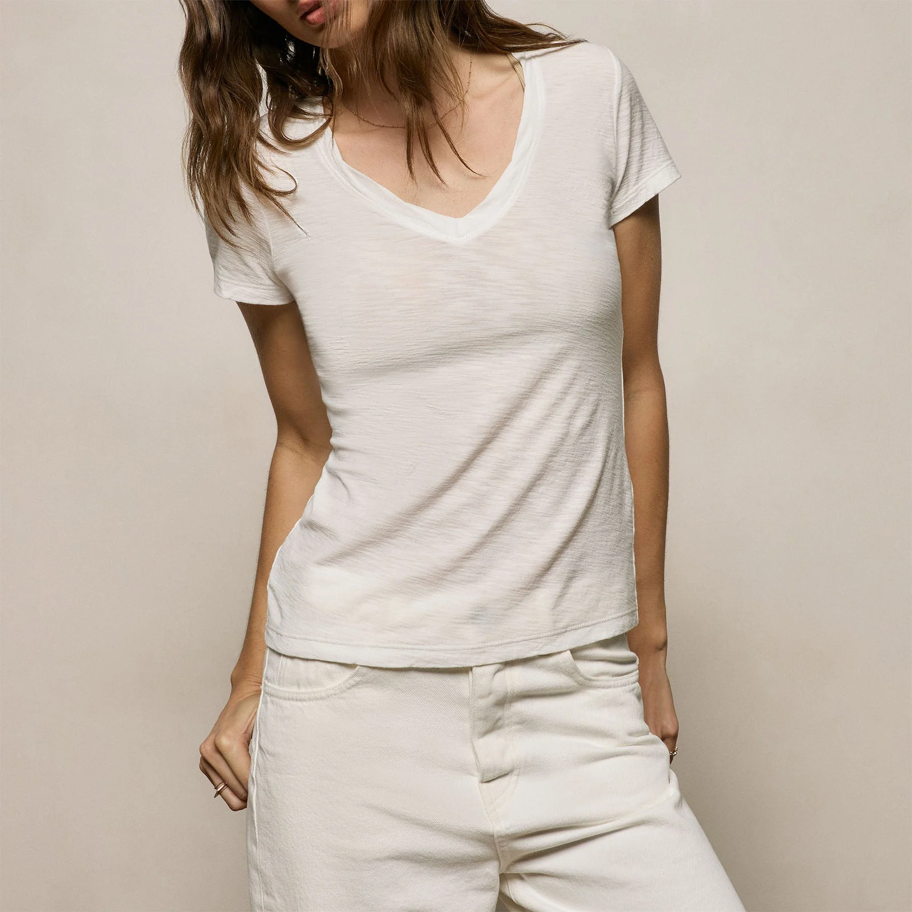 Sheer Slub V Neck - Off White - Image 4