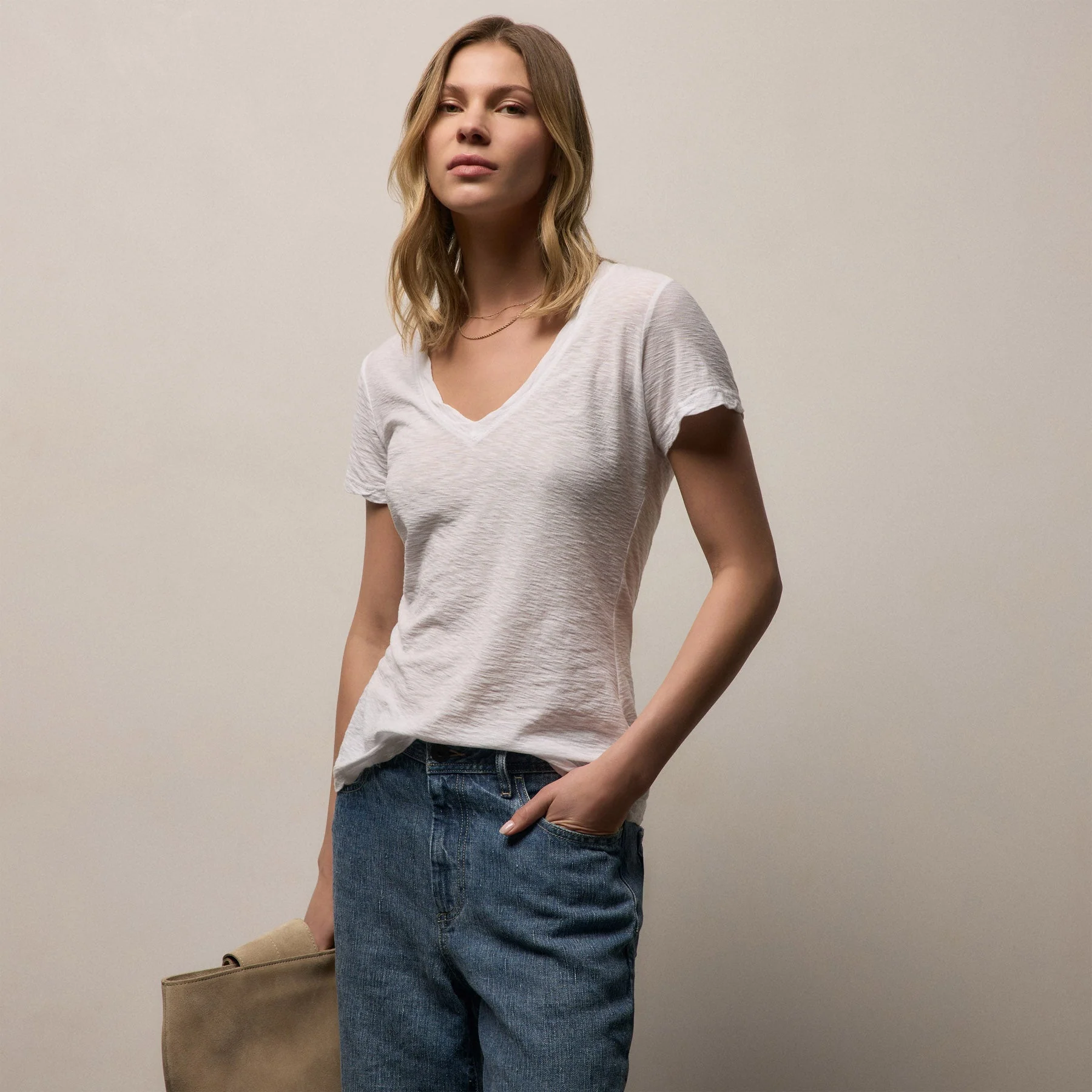 Sheer Slub V Neck - White - Image 3