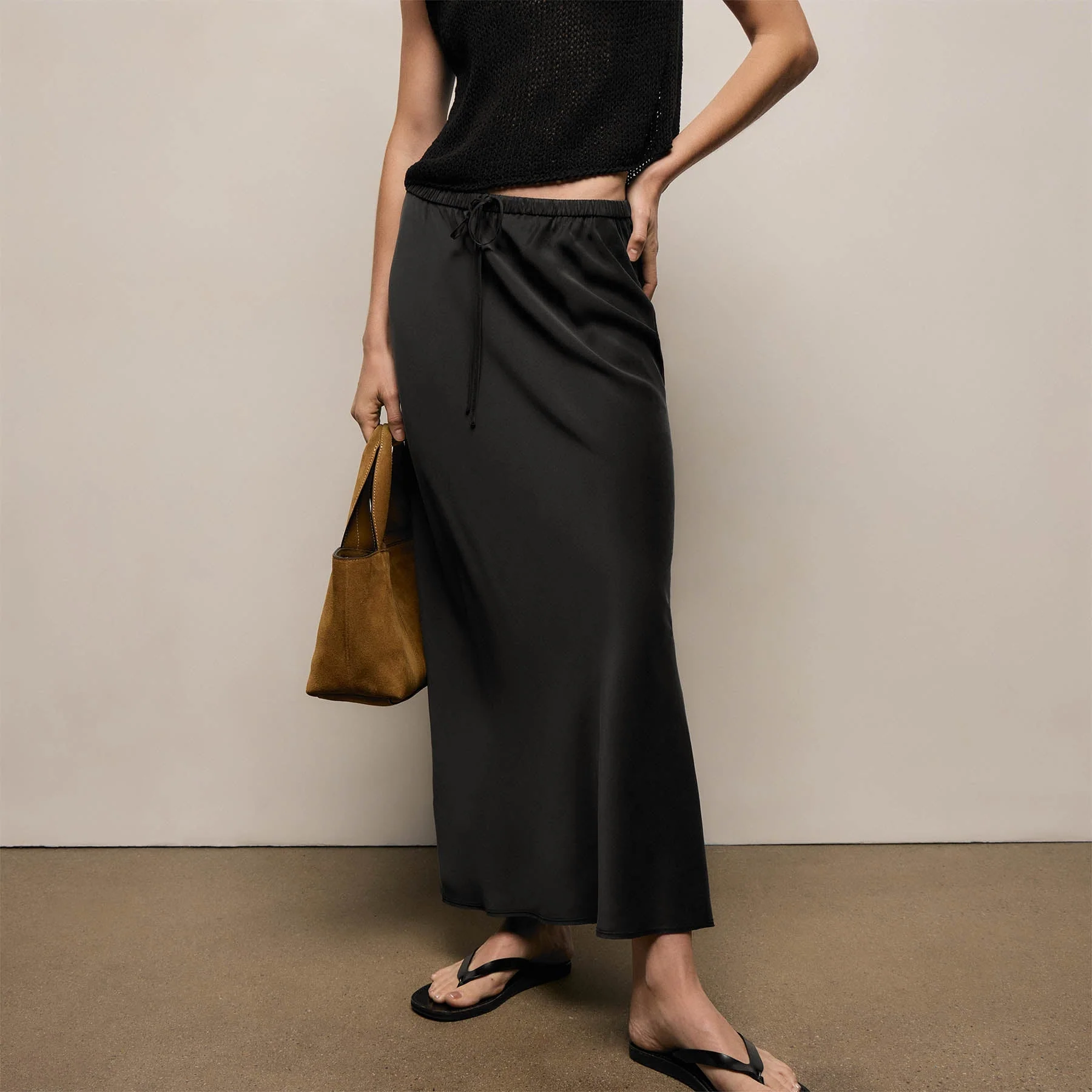 Silk Charmeuse Drawstring Skirt - Black