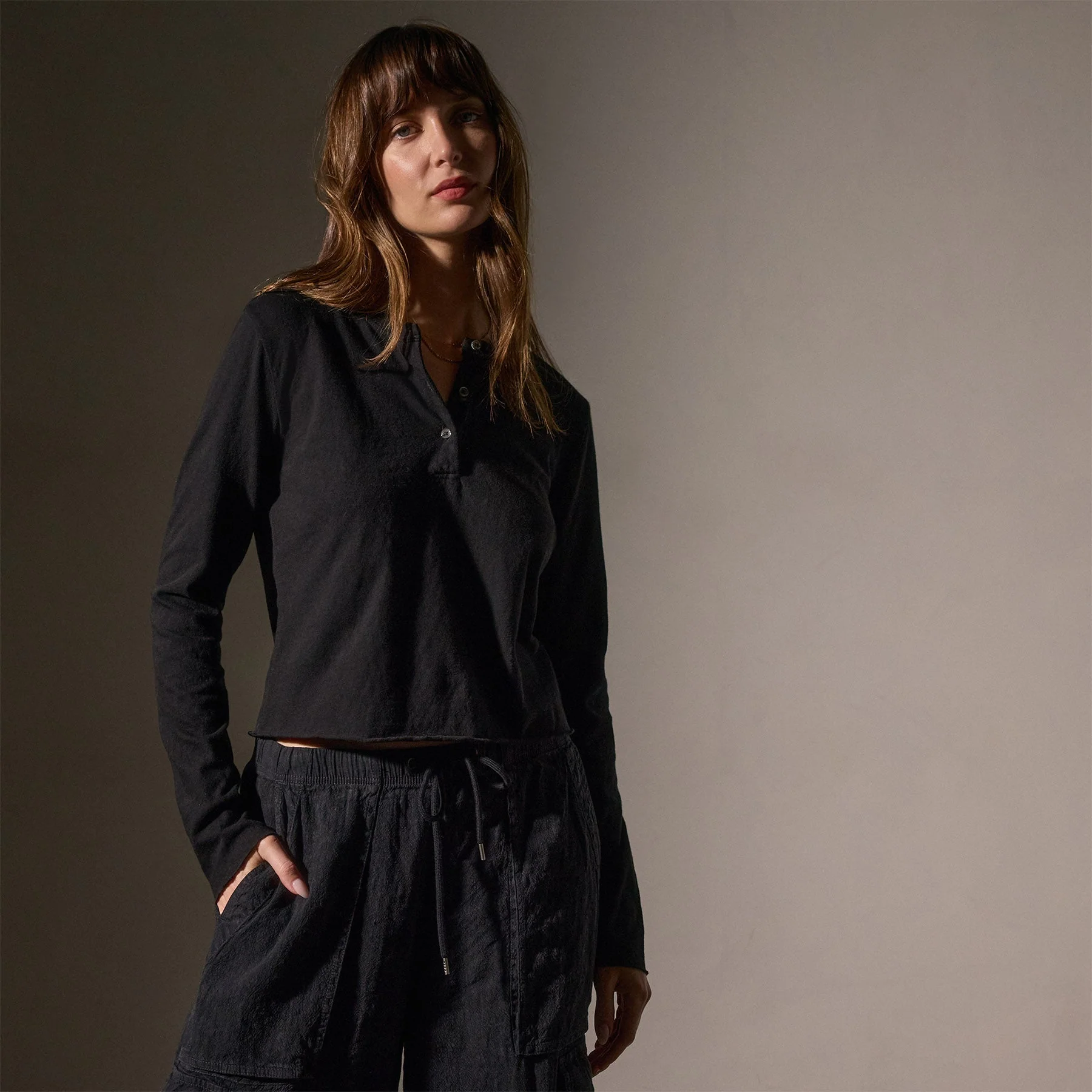 Slub Jersey Long Sleeve Henley - Black - Image 2
