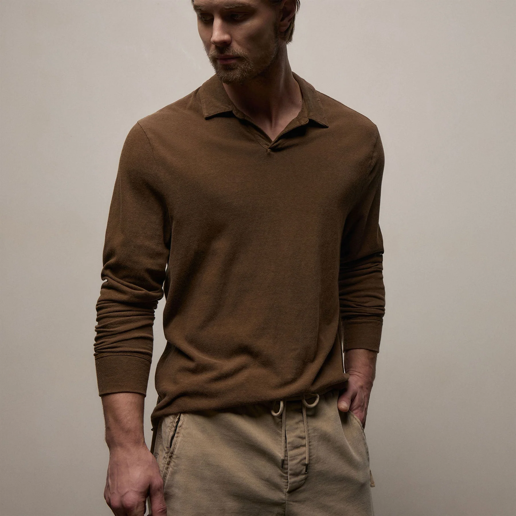 Slub Jersey Long Sleeve Open Polo - Gingerbread Pigment - Image 4