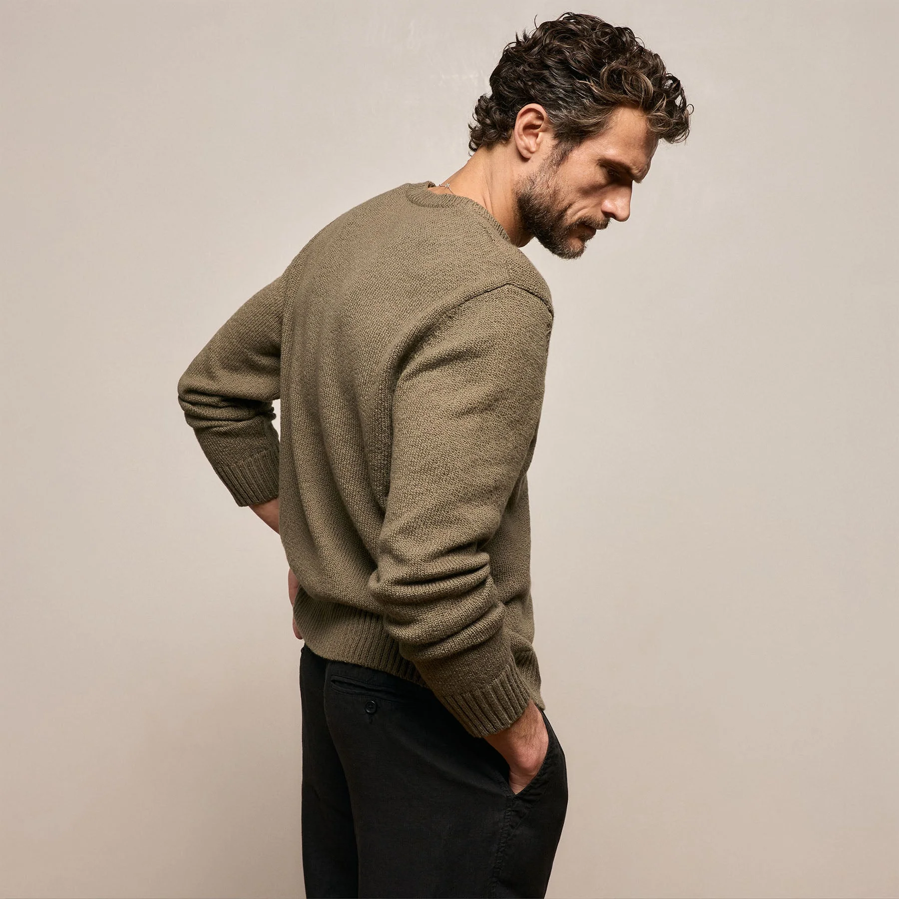 Stretch Cotton Crew Sweater - Light Olive - Image 4