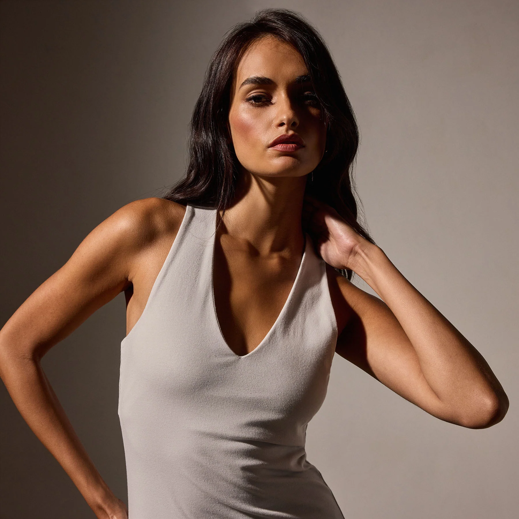Stretch Lotus Rib Deep V Tank Dress - Salt - Image 2