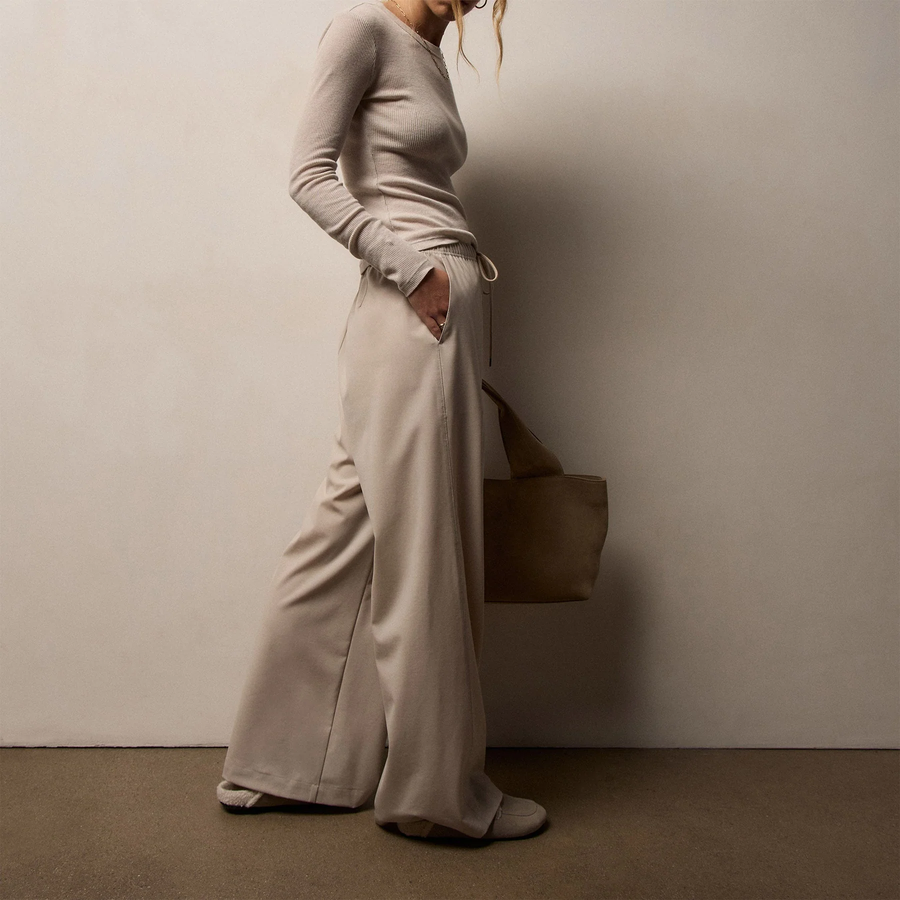Stretch Wool Wide Leg Pant - Flax - Image 2