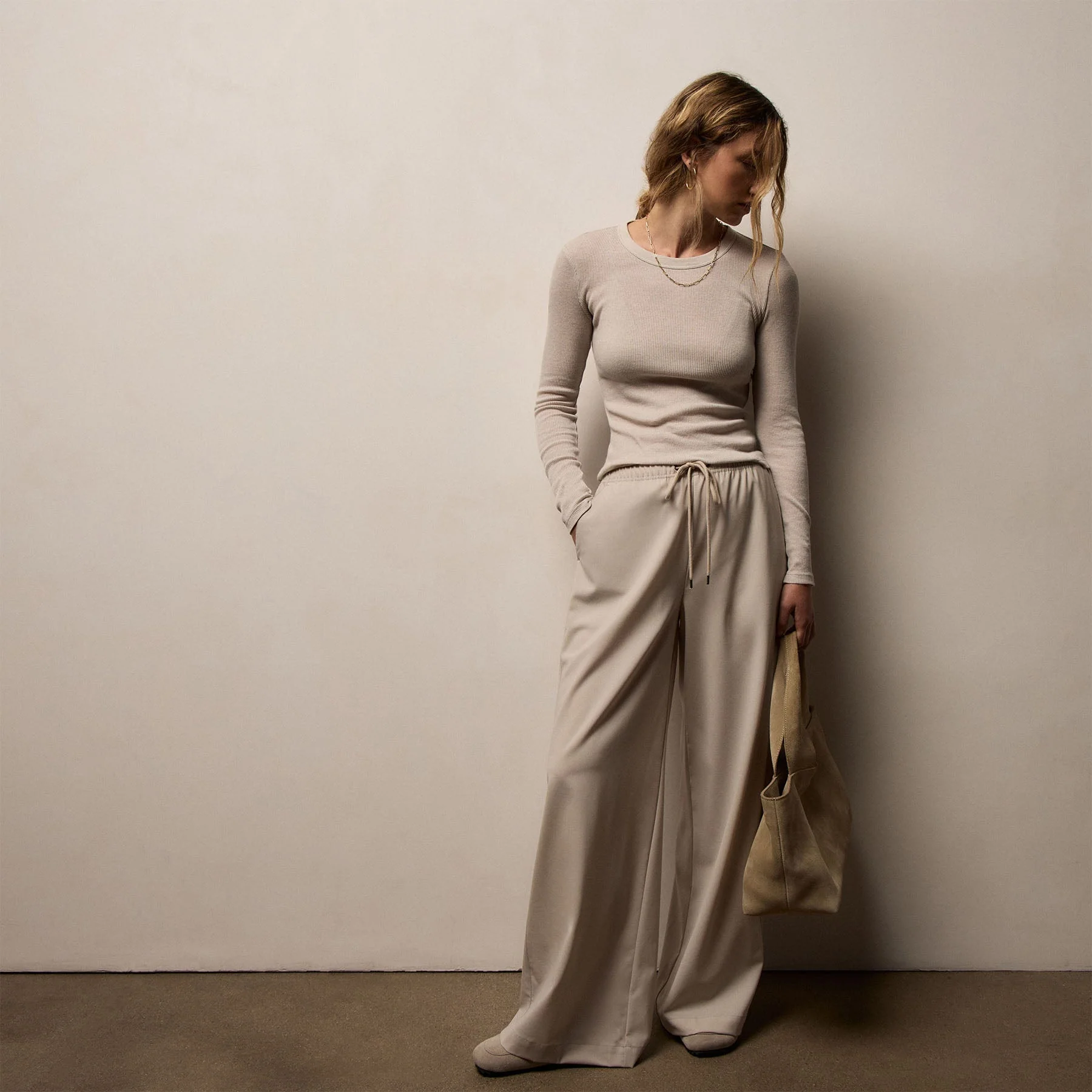 Stretch Wool Wide Leg Pant - Flax - Image 3