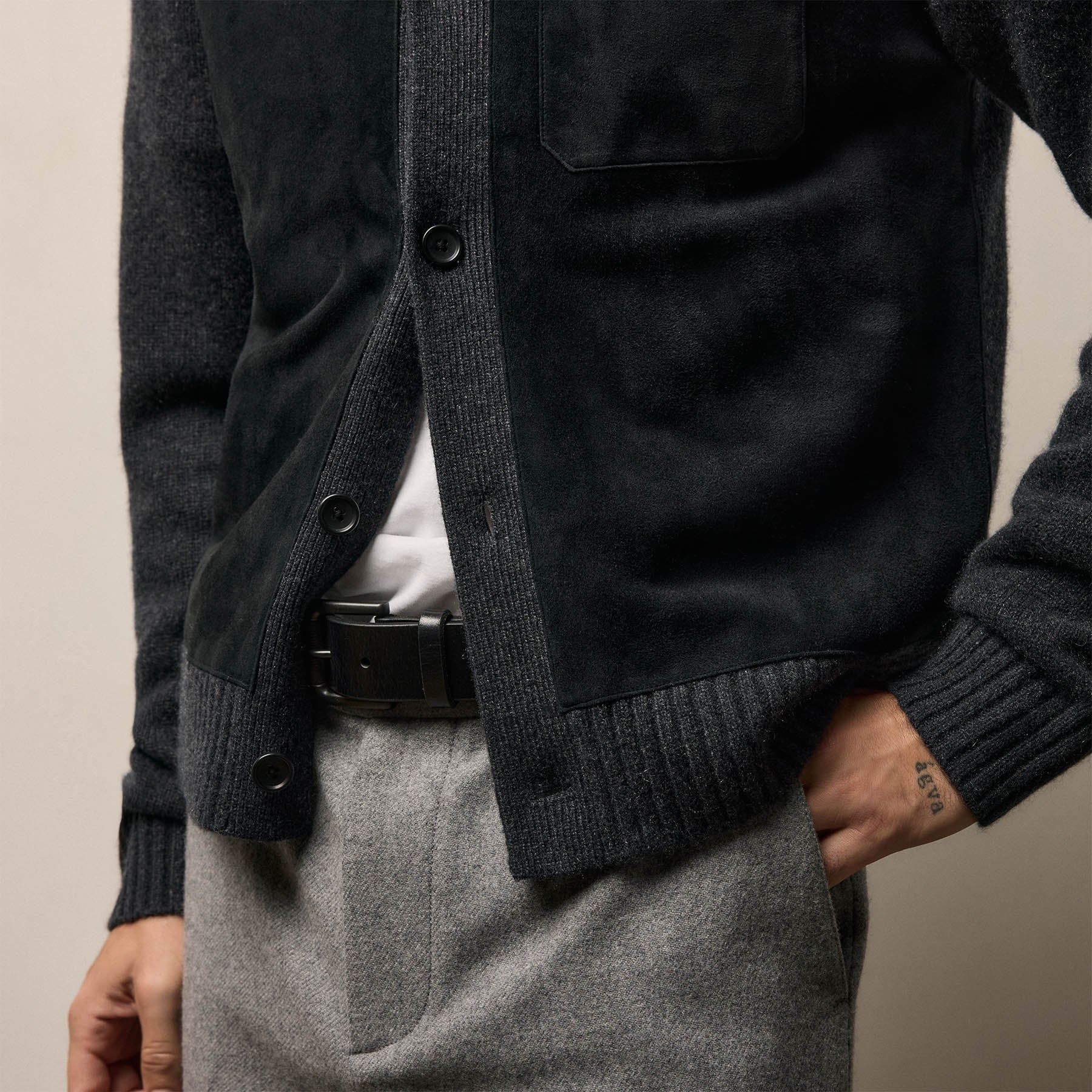 Suede Front Cashmere Cardigan - Coal - Image 5