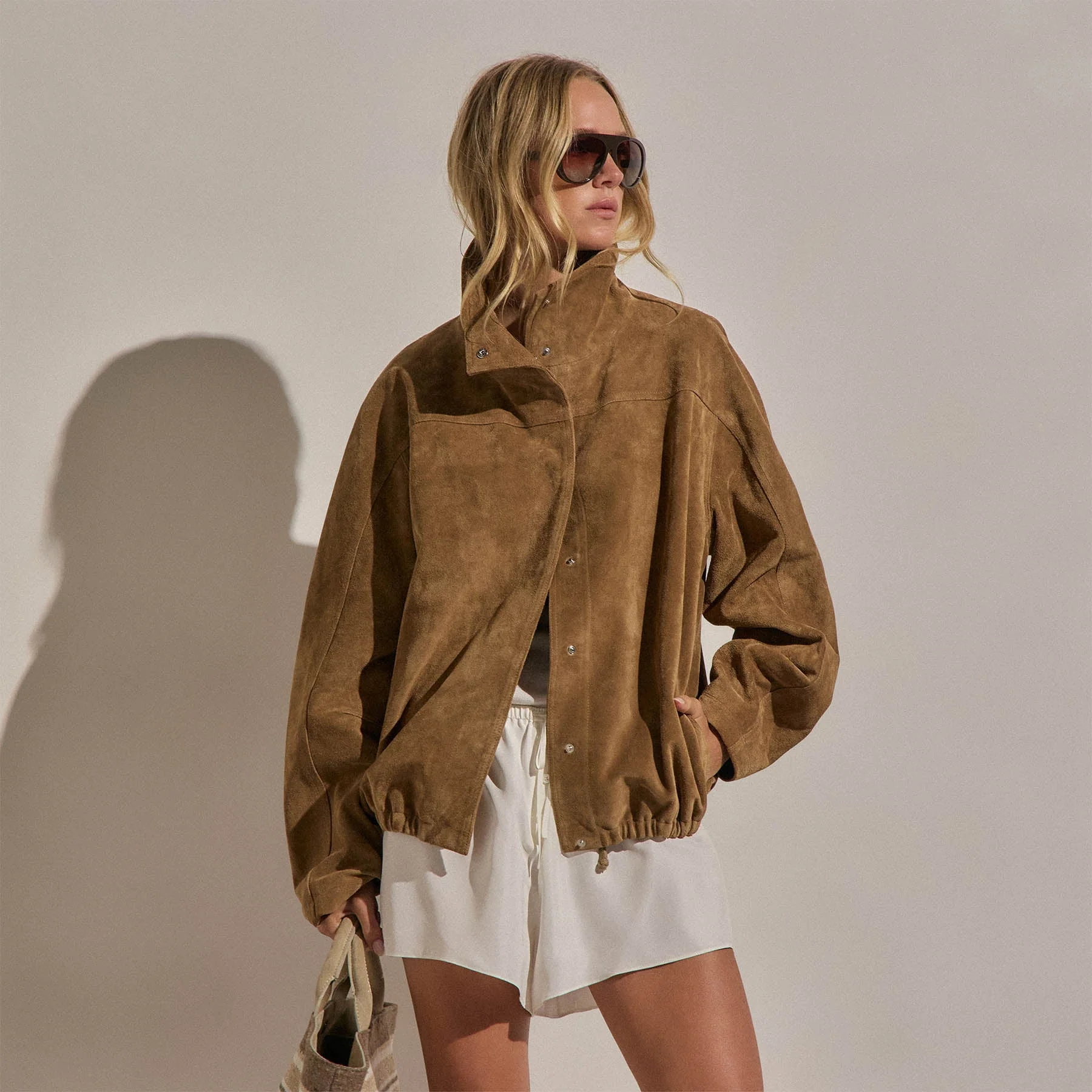 Suede Funnel Neck Jacket - Dark Sand