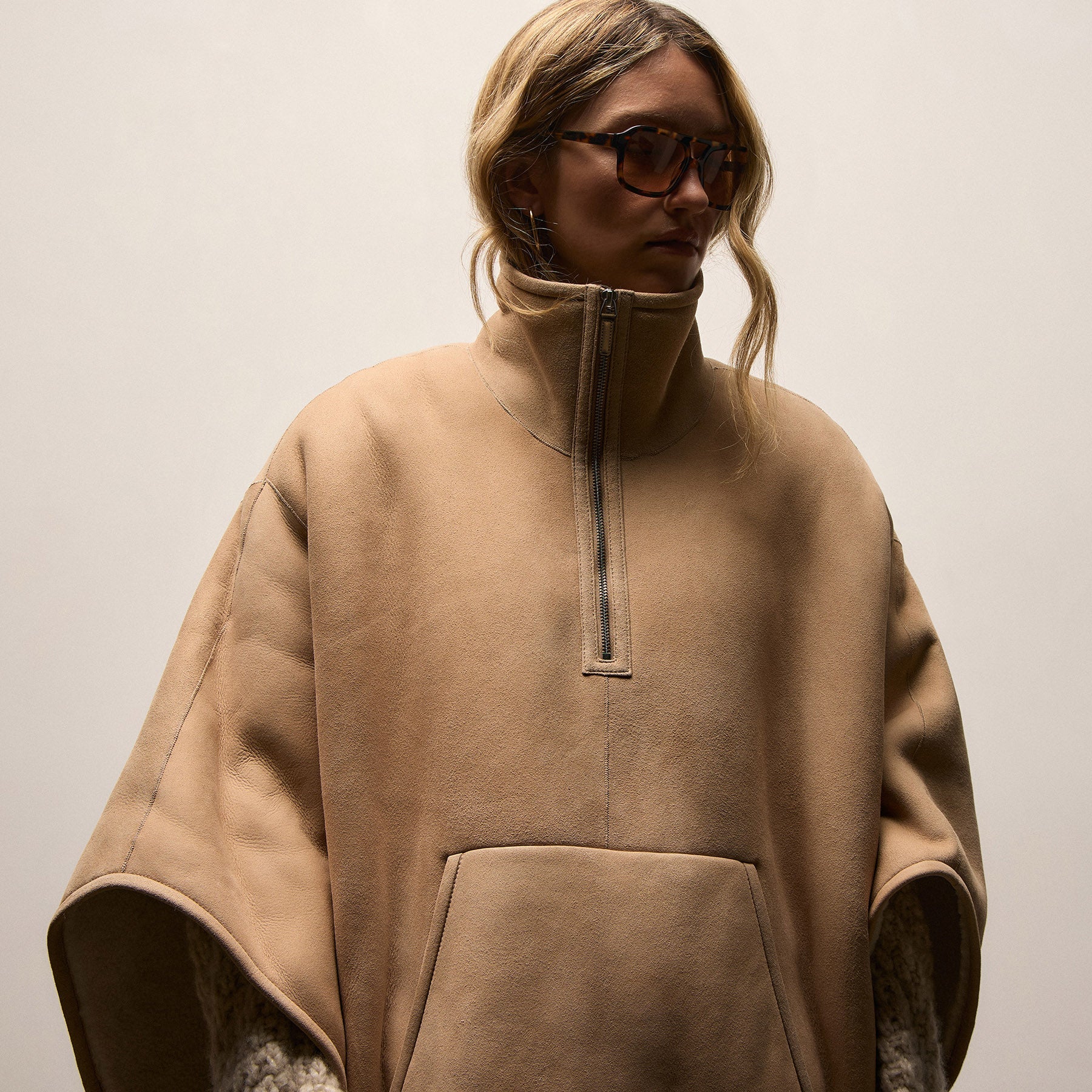 Suede Shearling Poncho - Light Caramel - Image 2