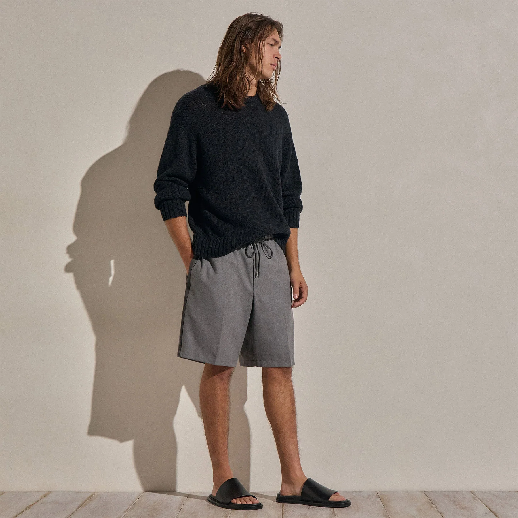 Suede Trim Wool Drawstring Short - Heather Grey